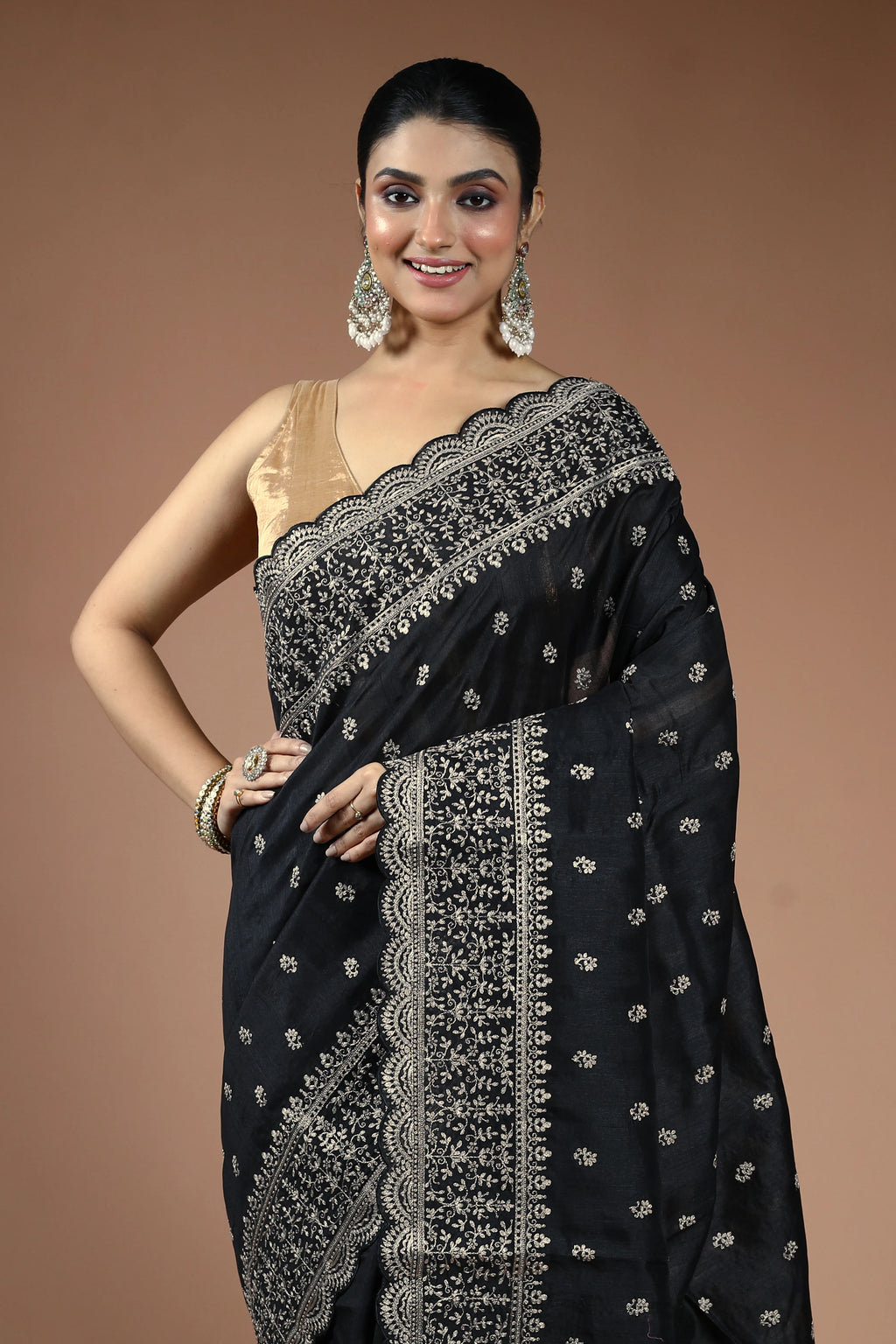 Black Blended Semi Tussar Saree with Blouse Piece