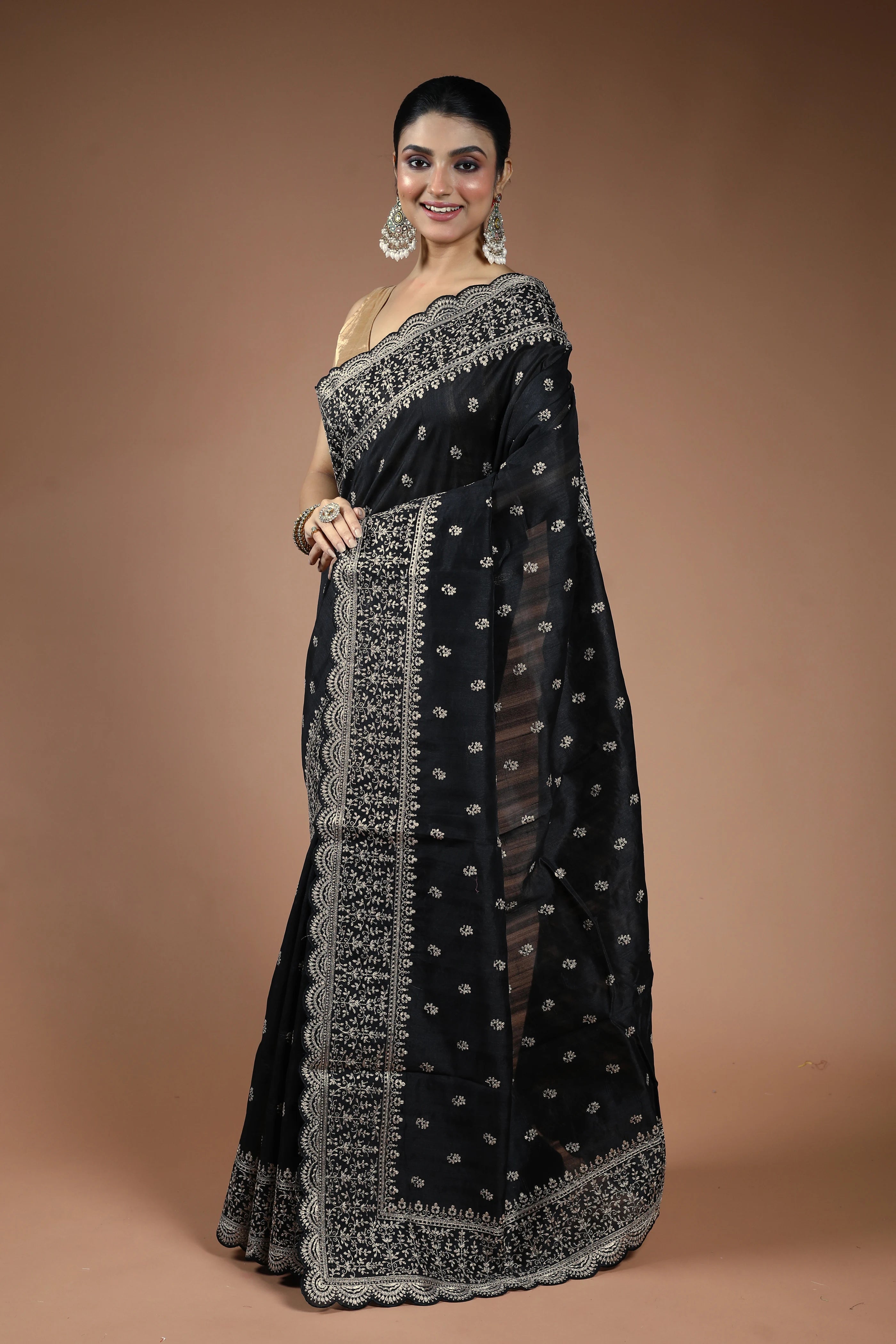 Black Blended Semi Tussar Saree with Blouse Piece