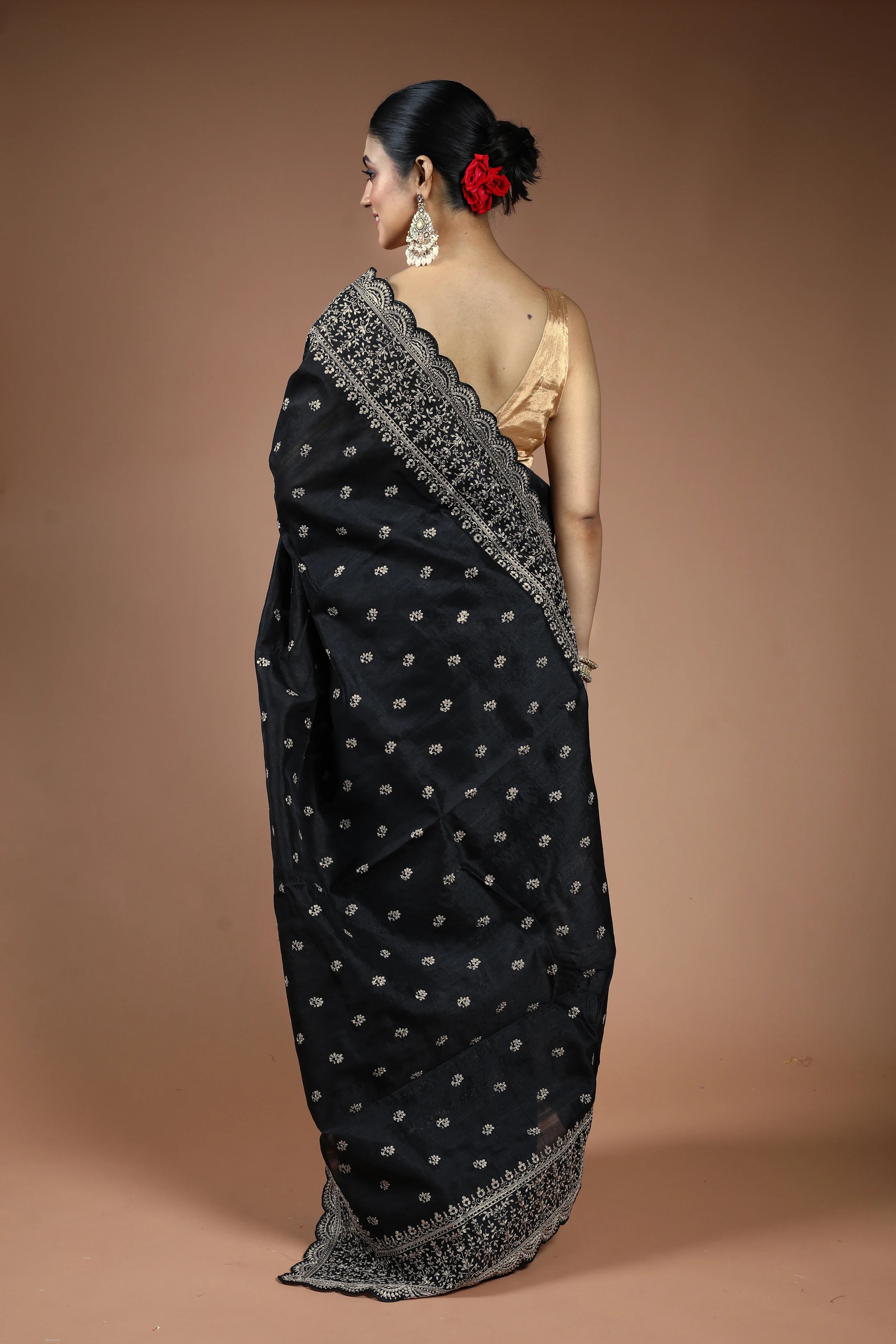 Black Blended Semi Tussar Saree with Blouse Piece