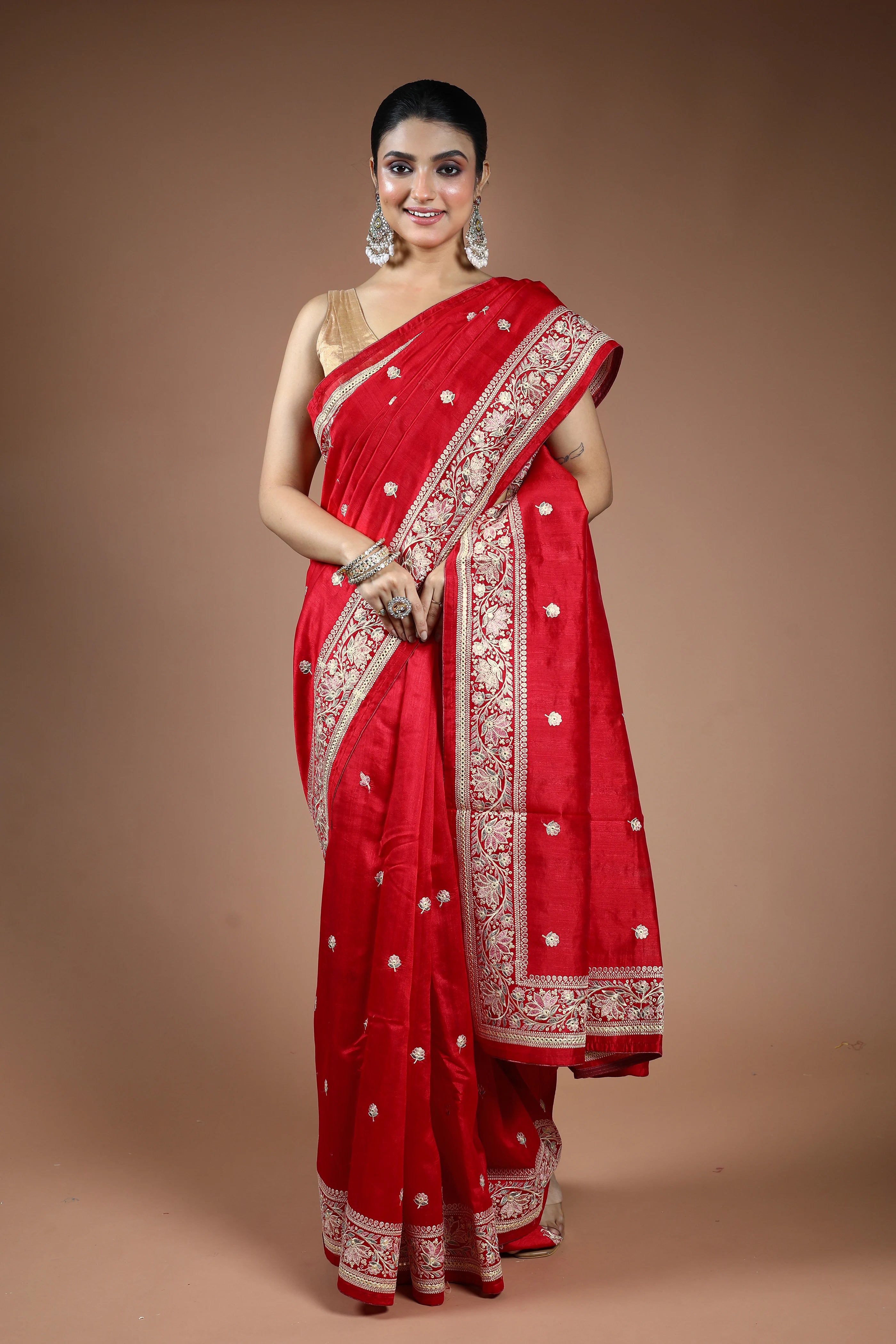 Red Blended Semi Tussar Saree with Blouse Piece