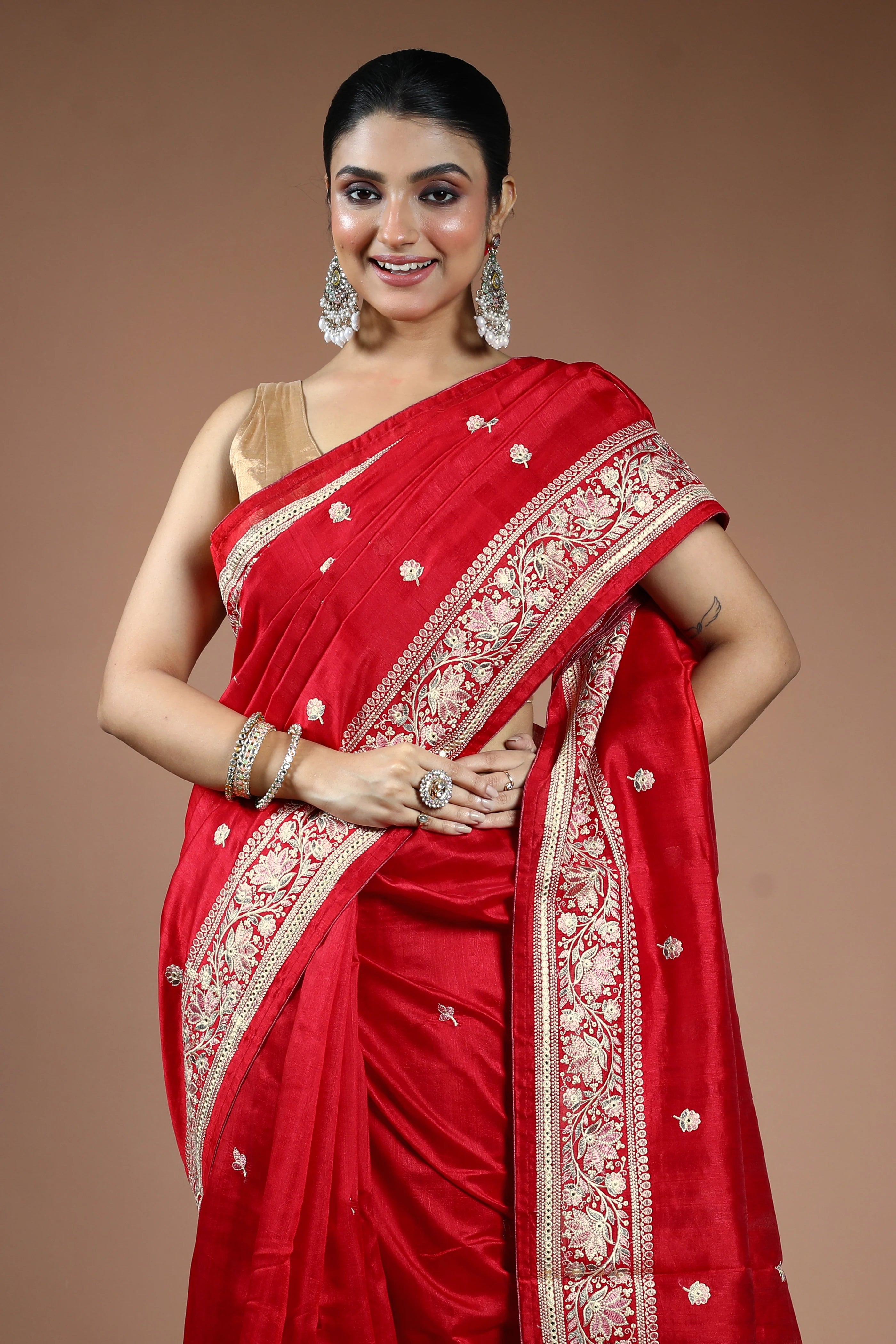 Red Blended Semi Tussar Saree with Blouse Piece