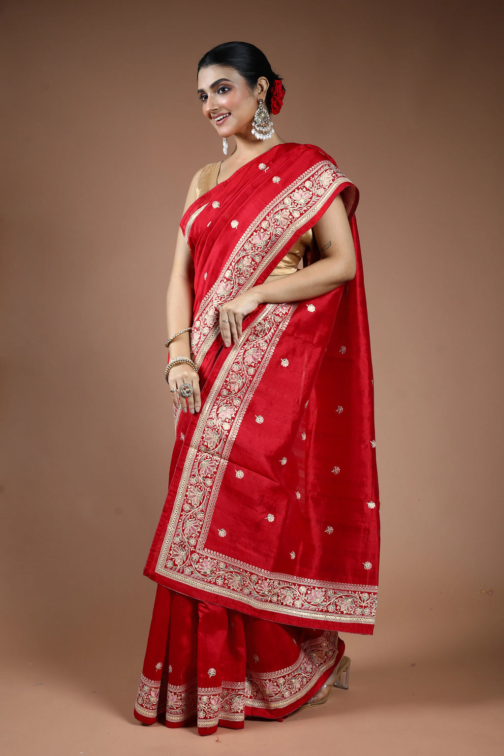 Red Blended Semi Tussar Saree with Blouse Piece