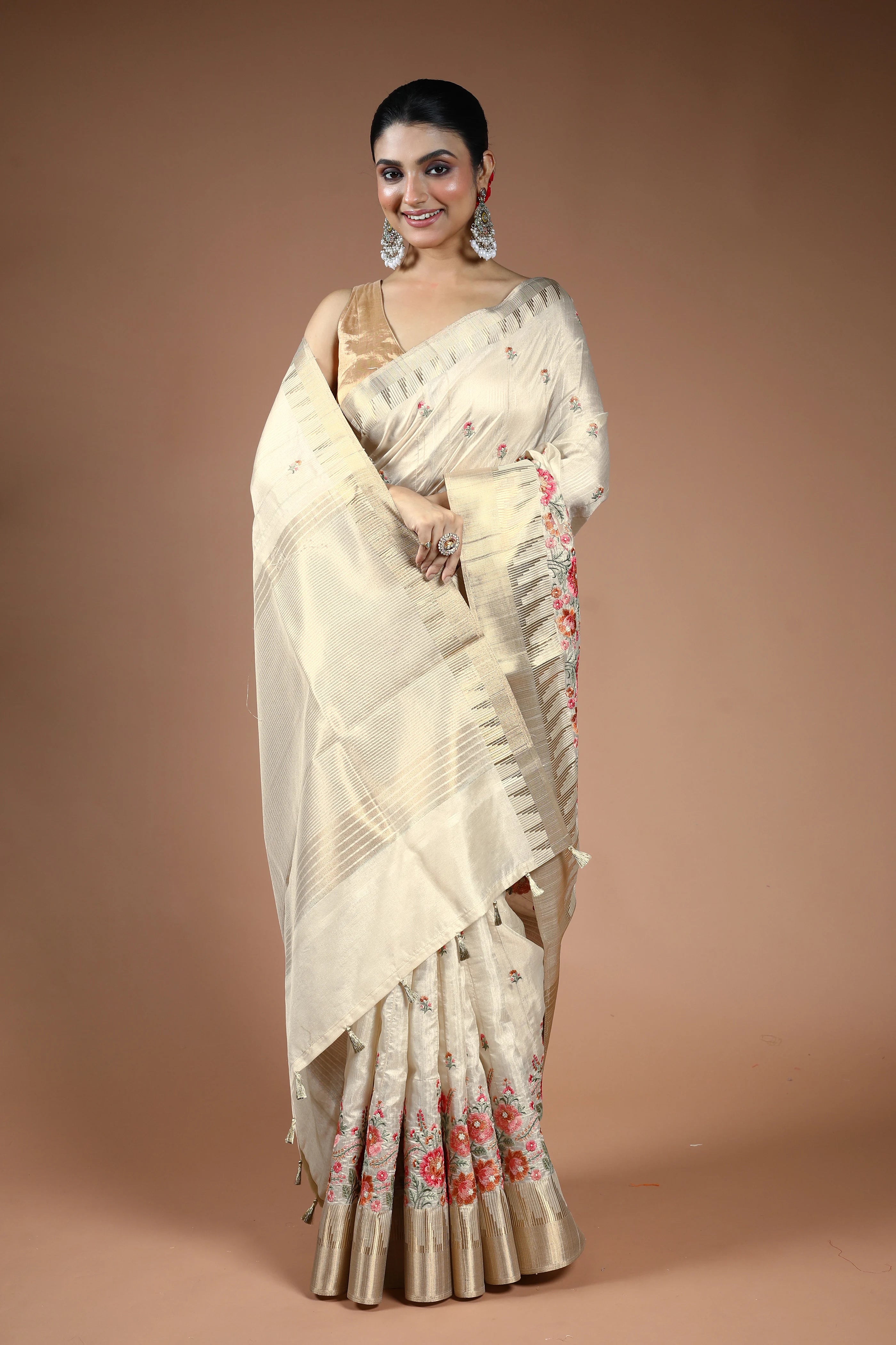 Beige Blended Semi Tussar Saree with Blouse Piece