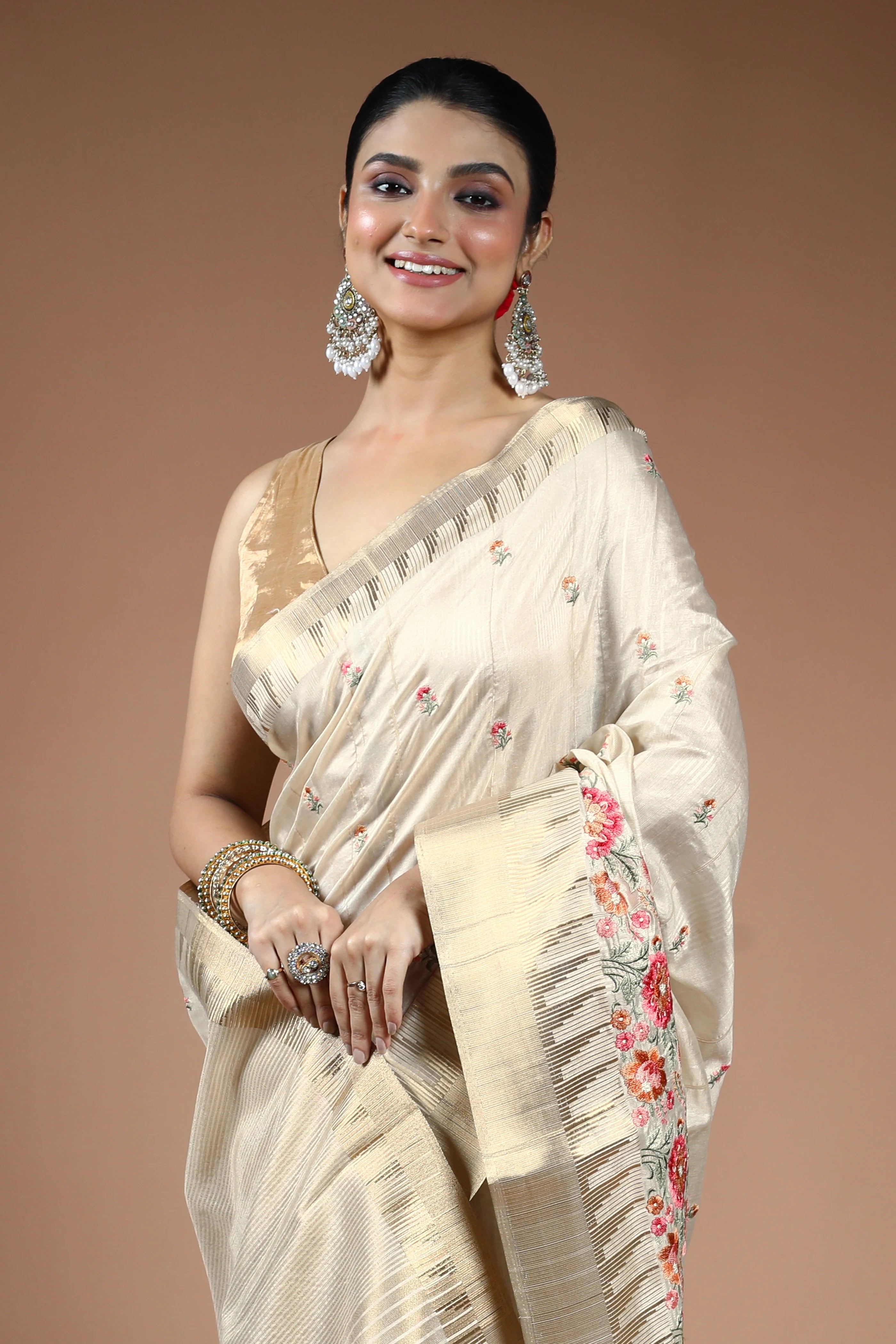 Beige Blended Semi Tussar Saree with Blouse Piece