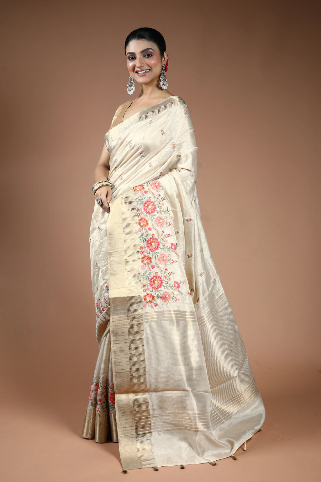 Beige Blended Semi Tussar Saree with Blouse Piece