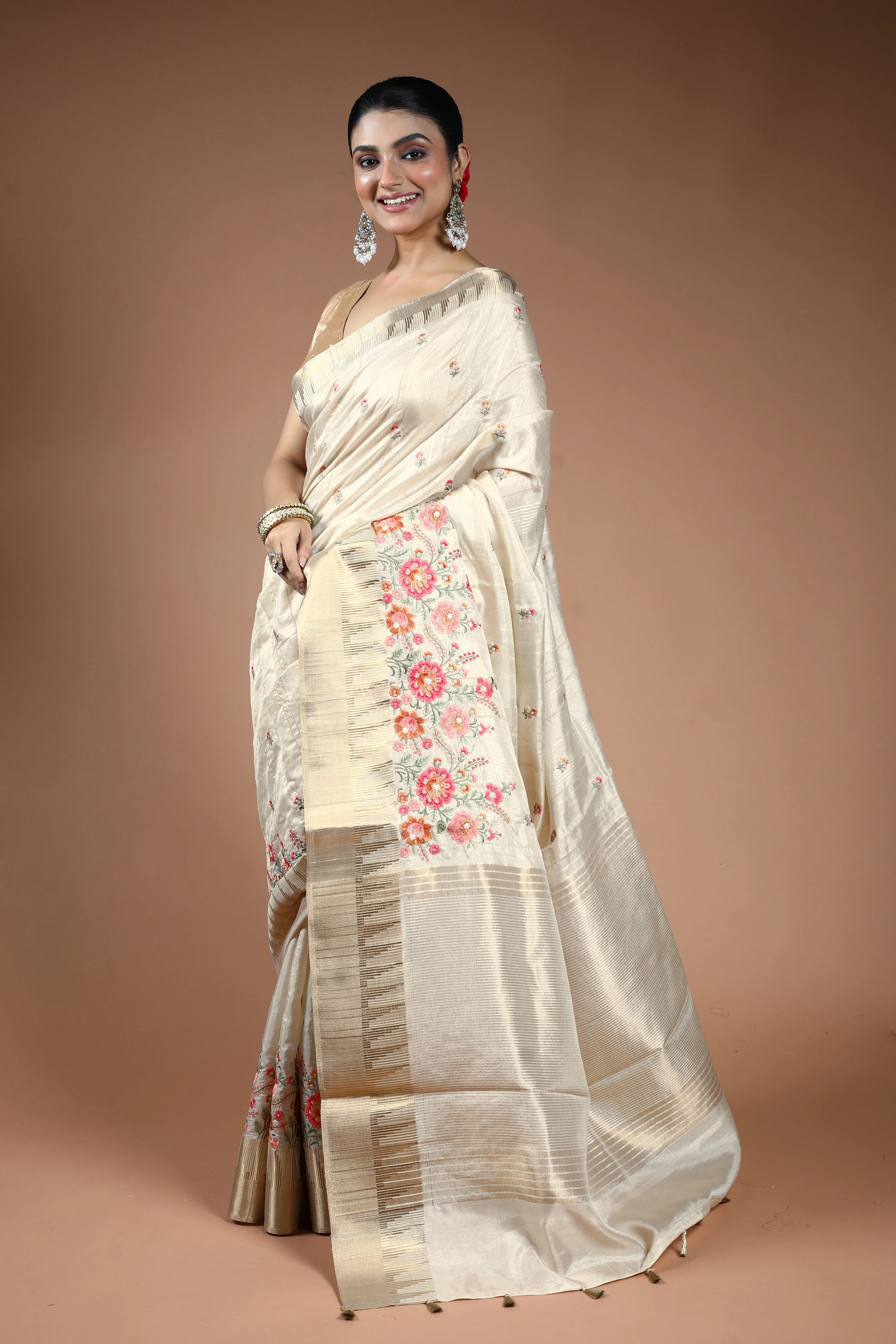 Beige Blended Semi Tussar Saree with Blouse Piece