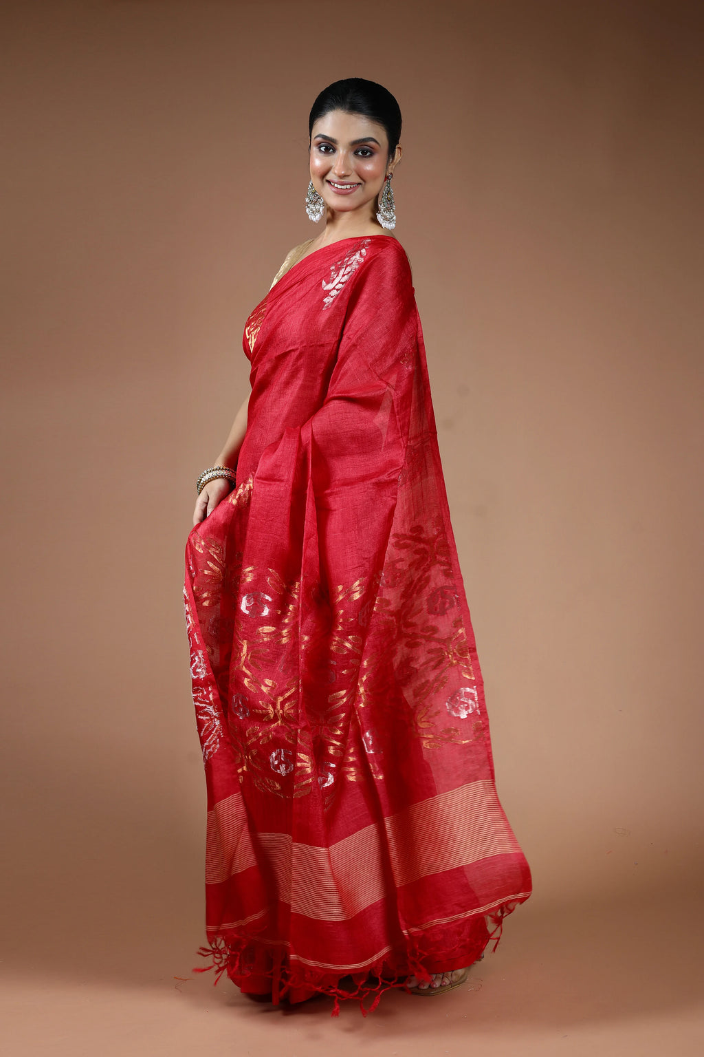 Red Tussar Jamdani Saree with Blouse Piece