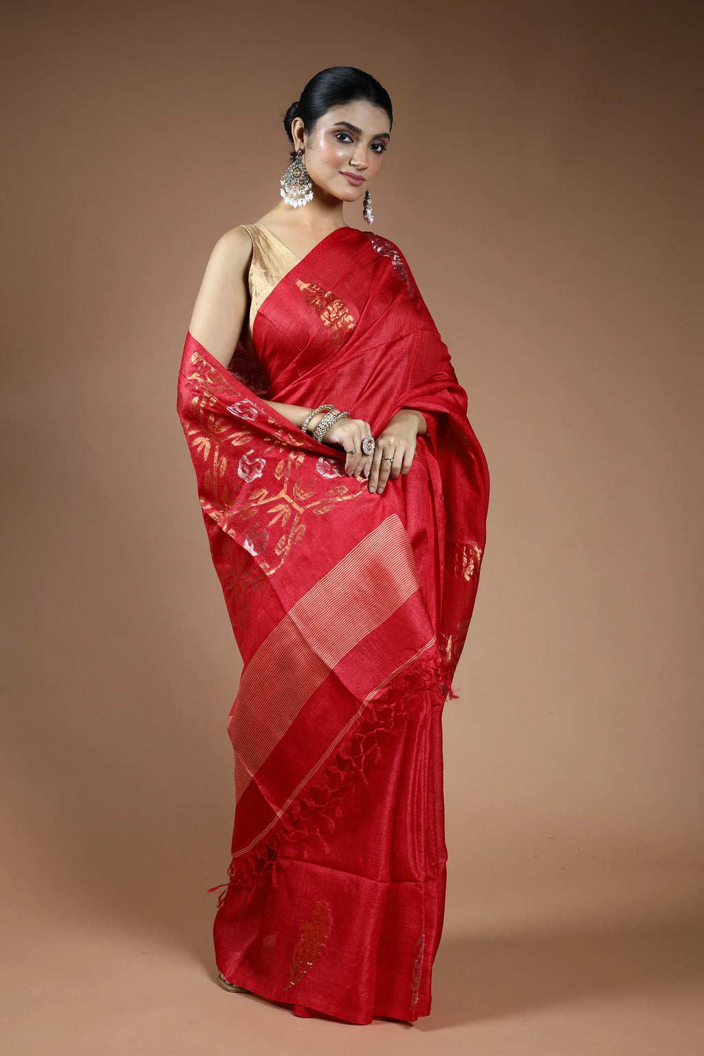 Red Tussar Jamdani Saree with Blouse Piece