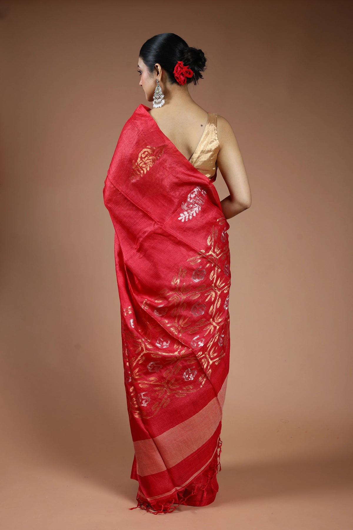 Red Tussar Jamdani Saree with Blouse Piece