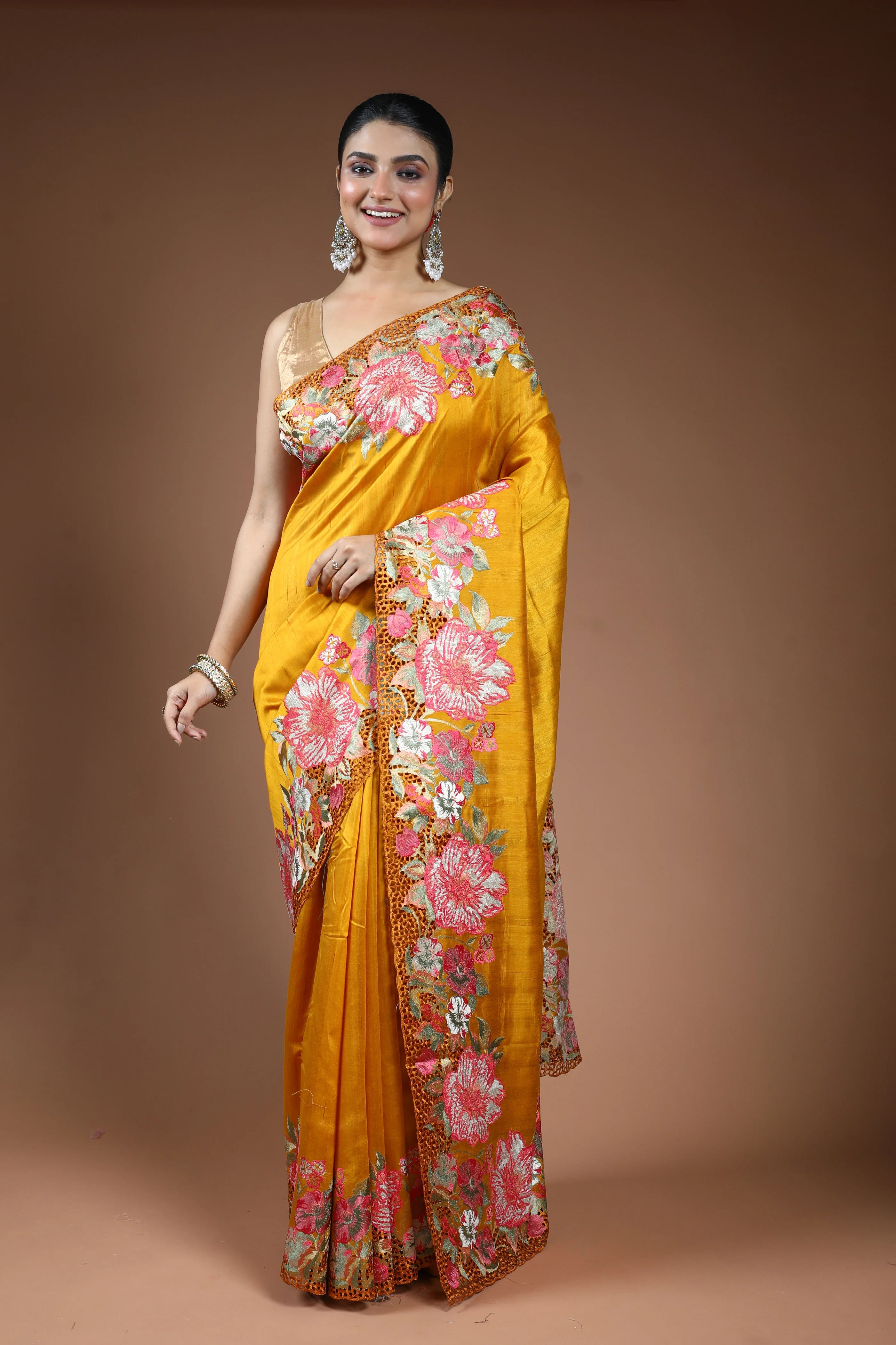 Mustard Yellow Blended Semi Tussar Saree with Blouse Piece