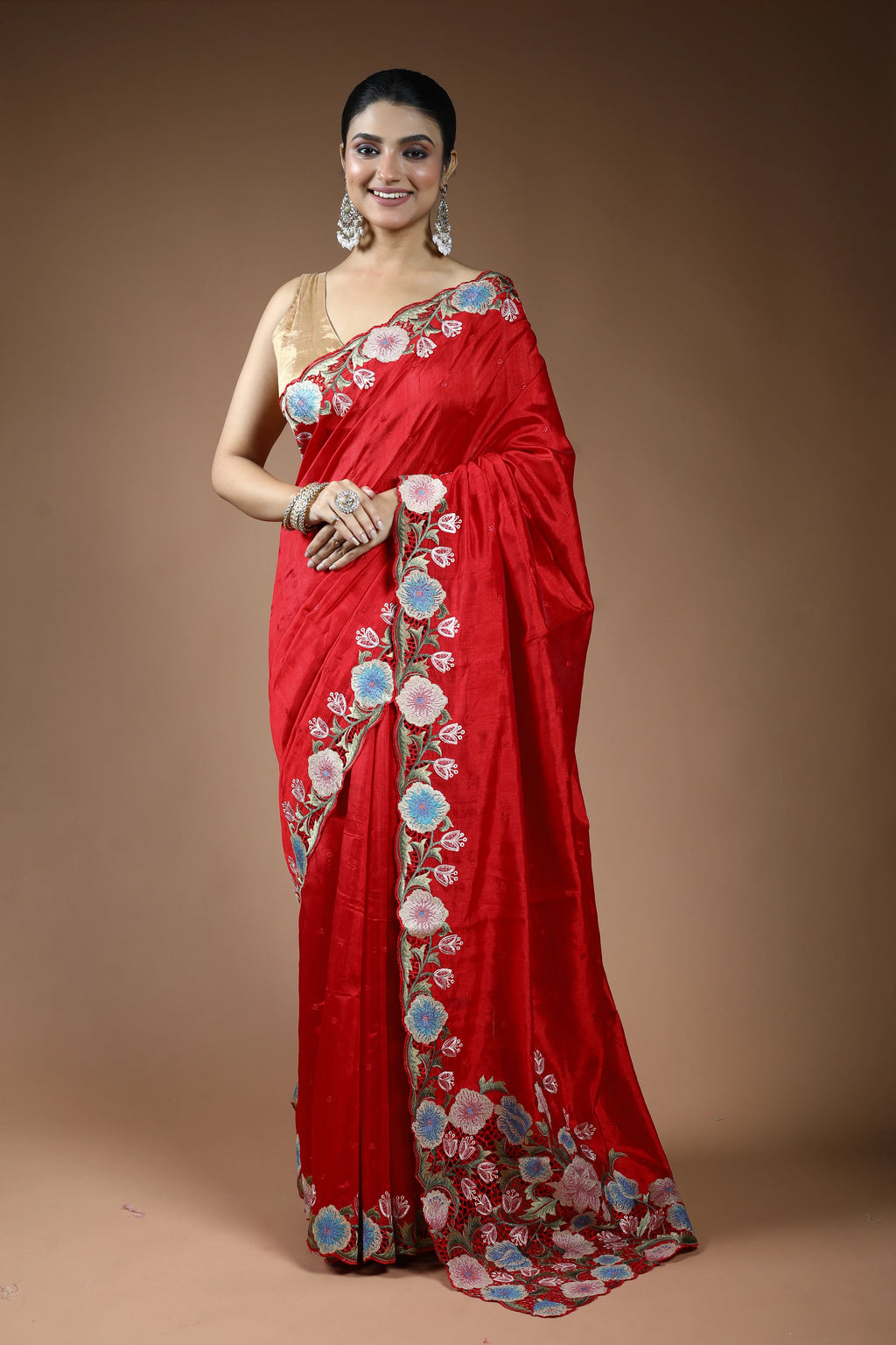 Red Blended Semi Tussar Saree with Blouse Piece