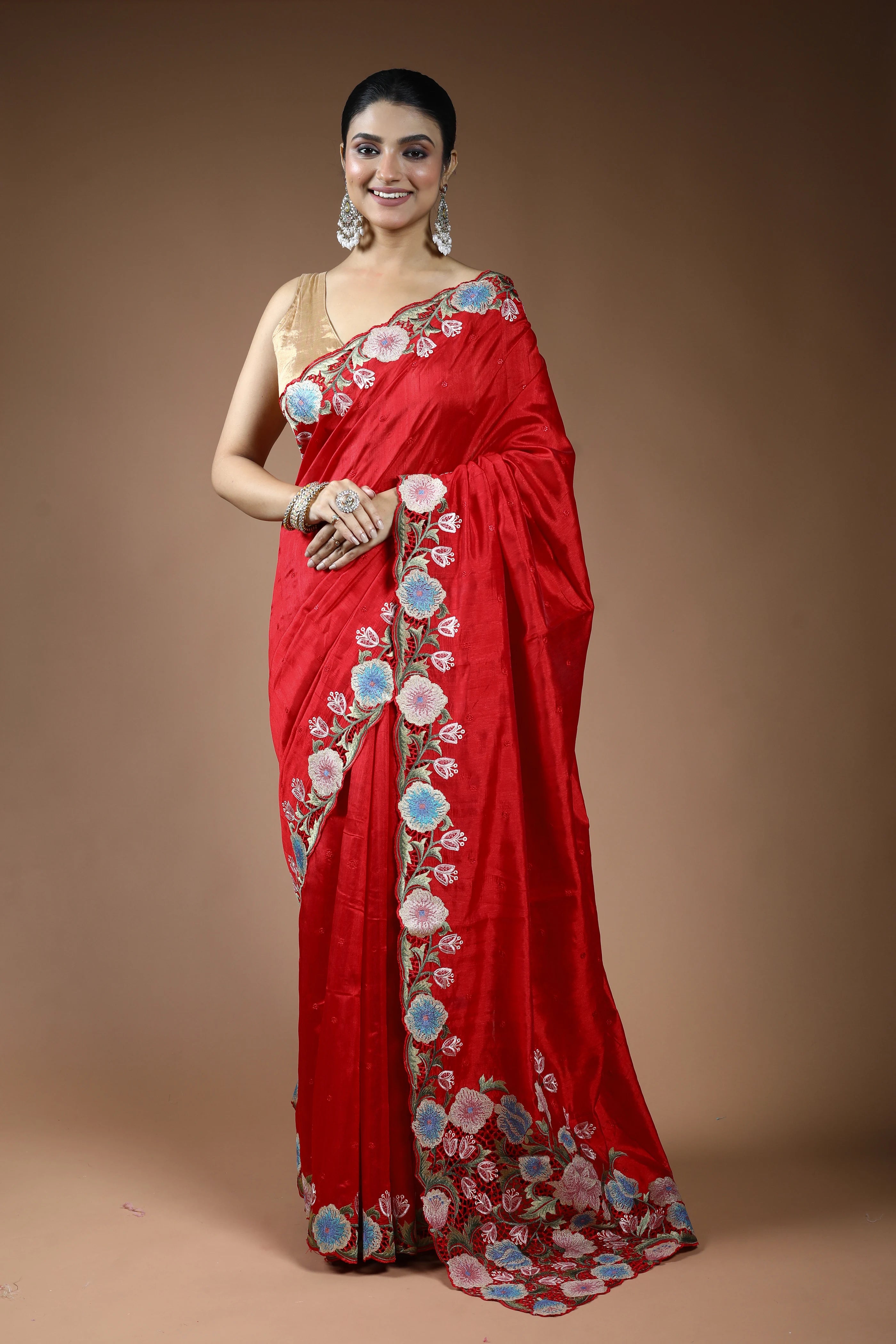 Red Blended Semi Tussar Saree with Blouse Piece