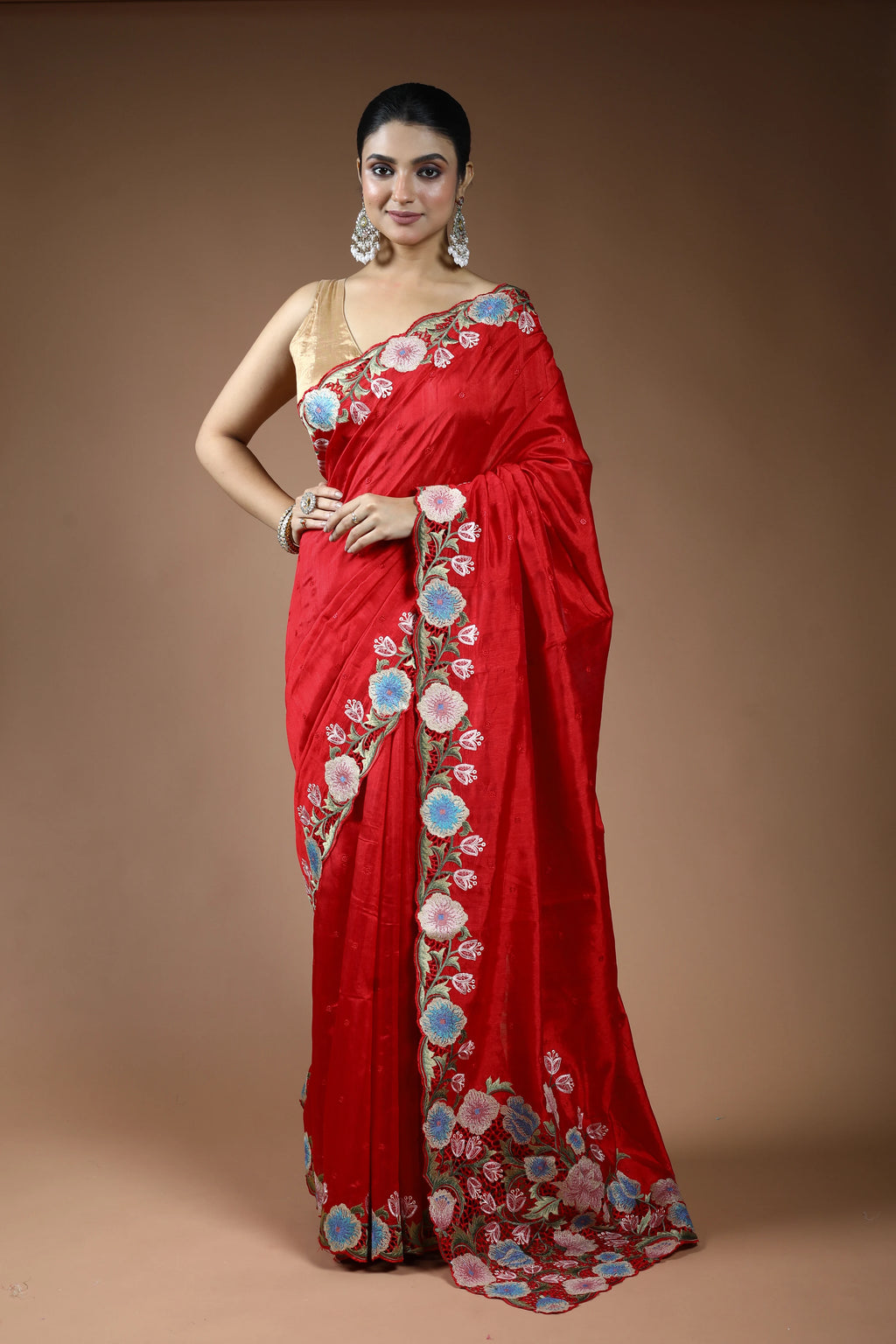 Red Blended Semi Tussar Saree with Blouse Piece