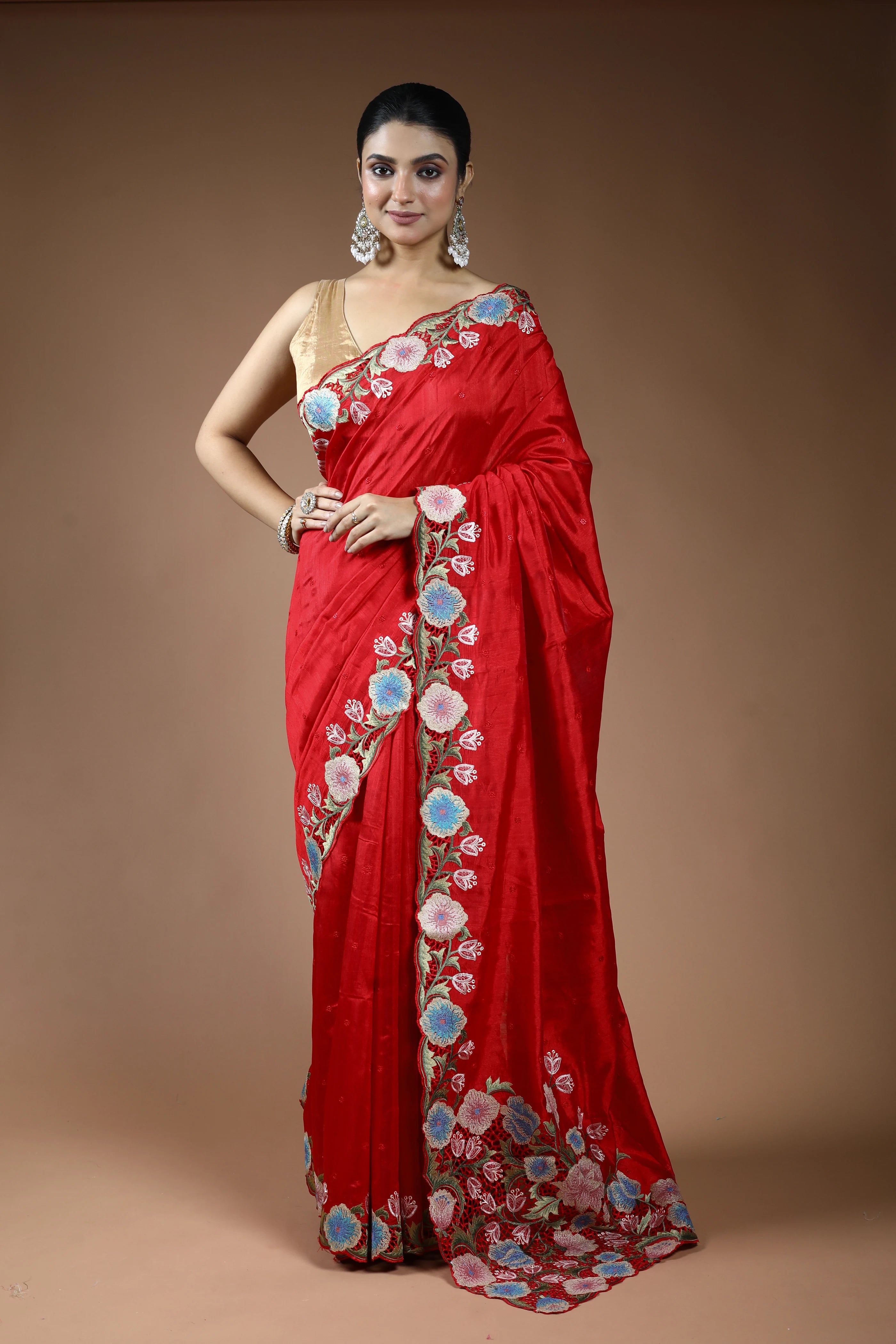 Red Blended Semi Tussar Saree with Blouse Piece