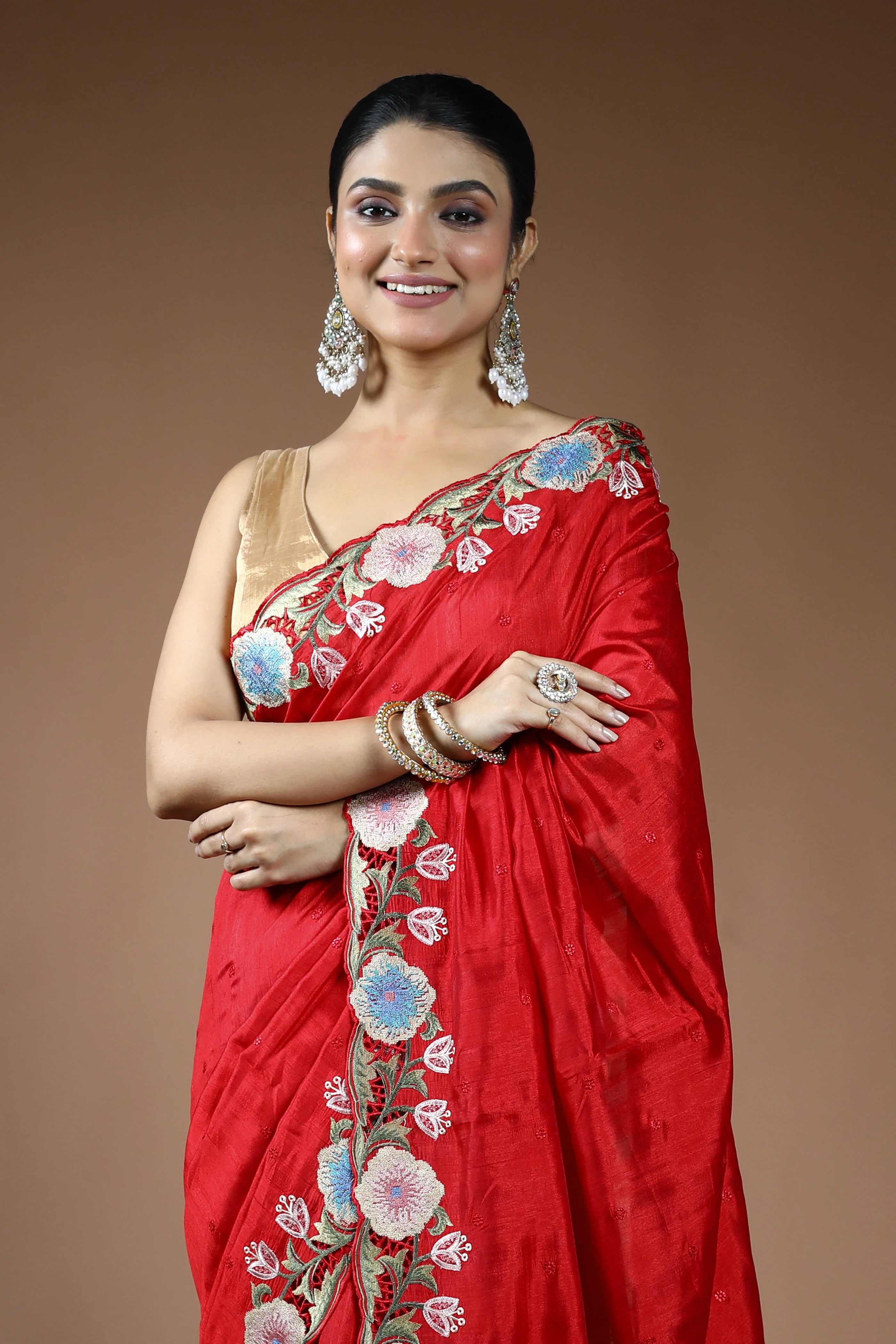Red Blended Semi Tussar Saree with Blouse Piece