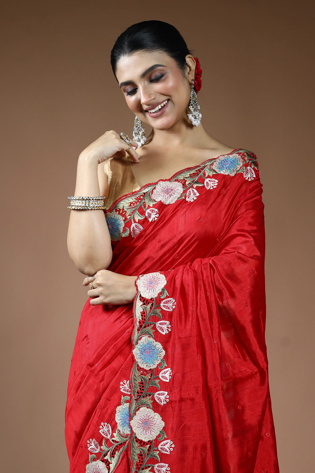 Red Blended Semi Tussar Saree with Blouse Piece