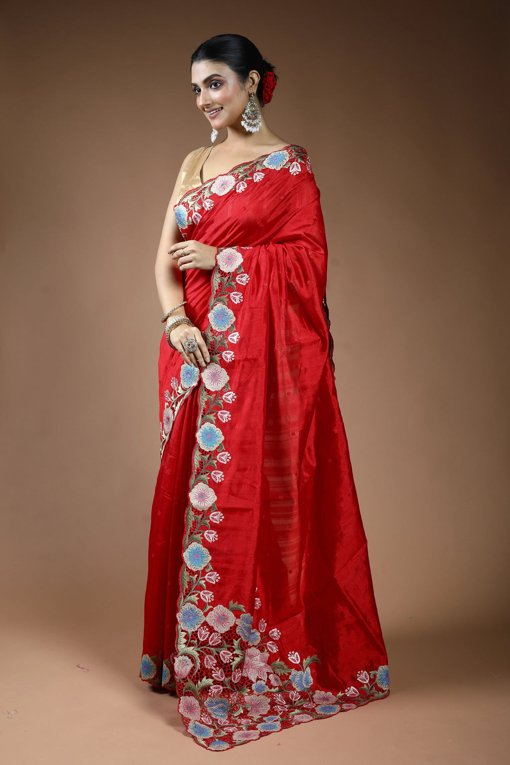 Red Blended Semi Tussar Saree with Blouse Piece