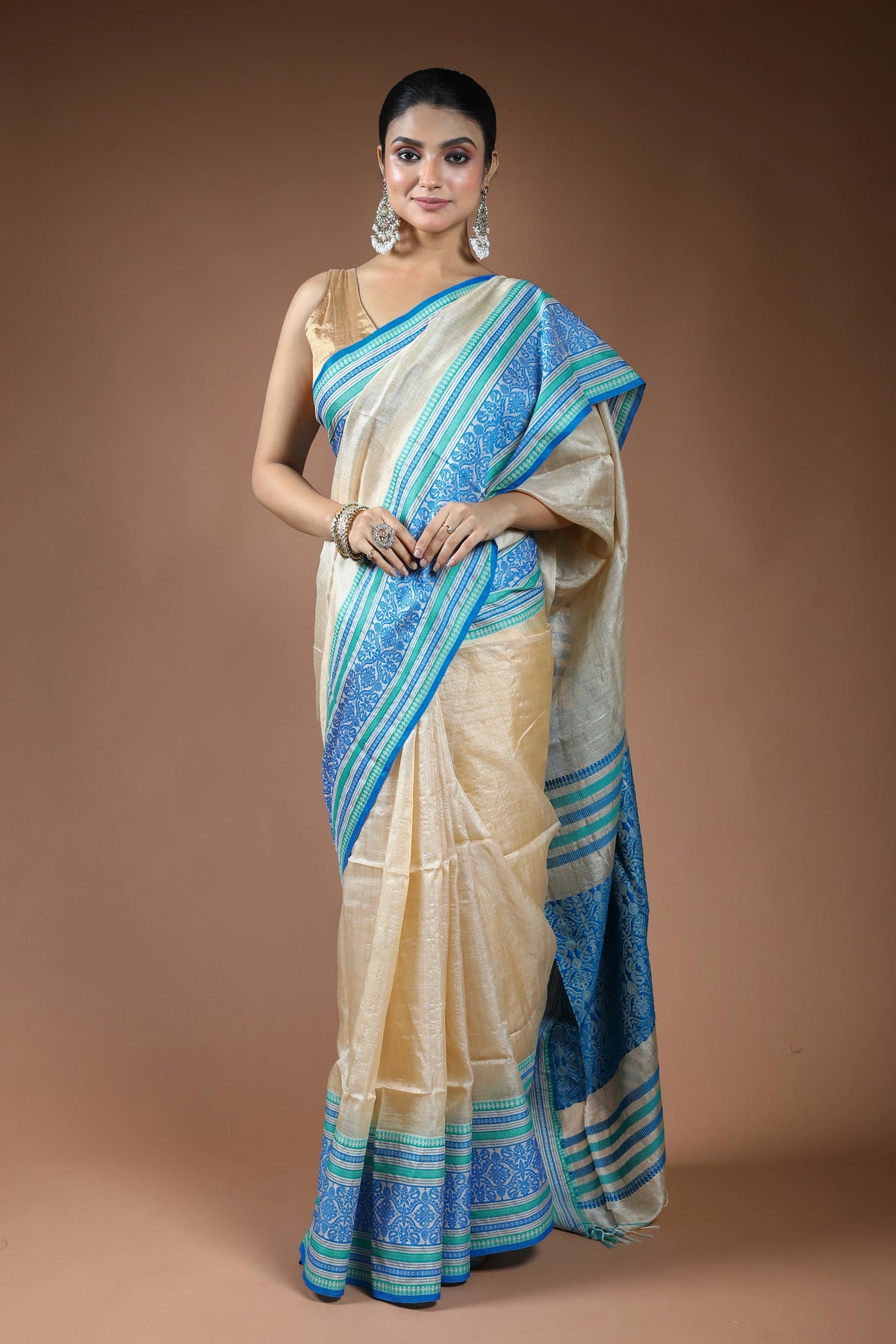 Beige and Blue Tussar Saree with Blouse Piece