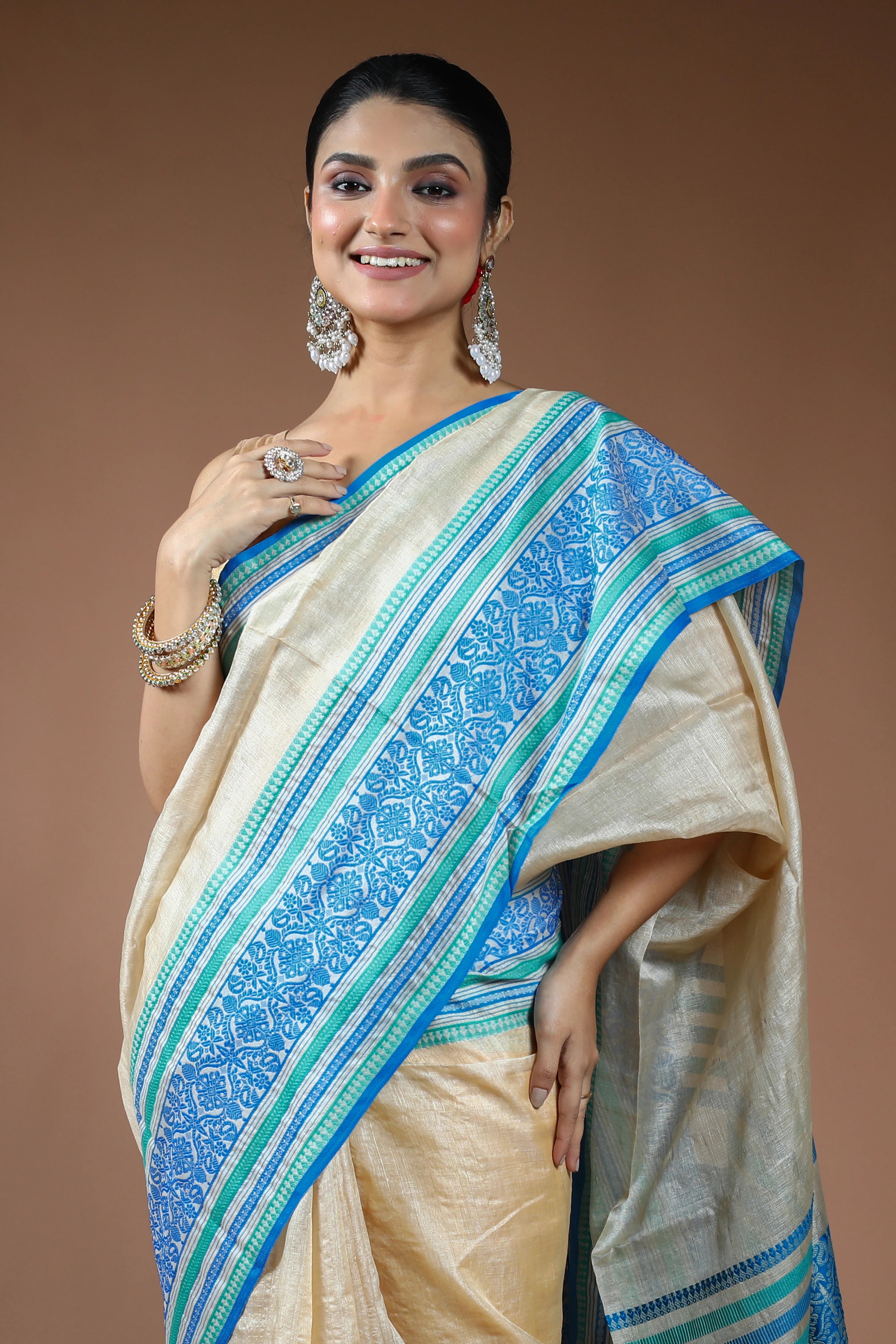 Beige and Blue Tussar Saree with Blouse Piece