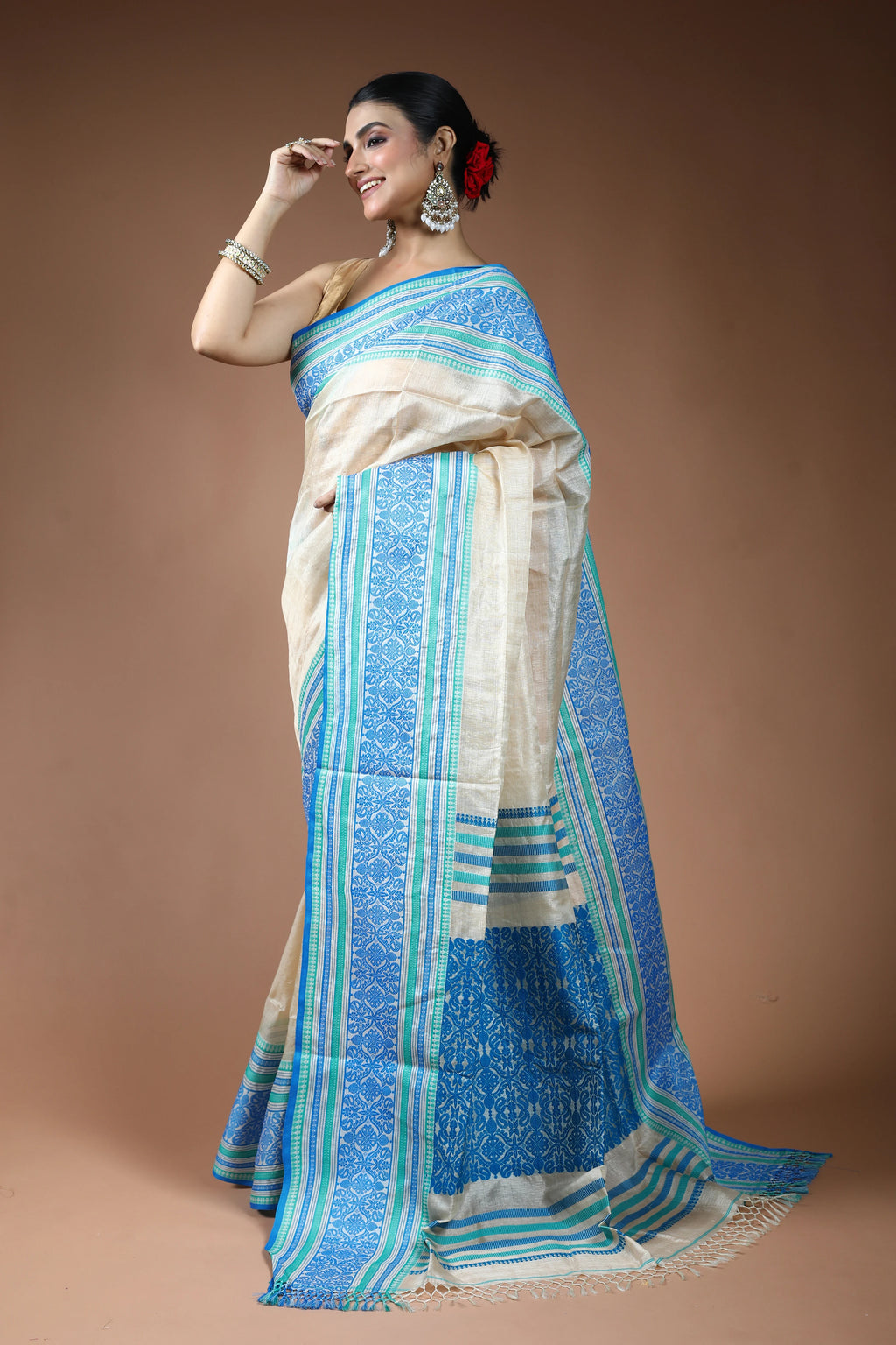 Beige and Blue Tussar Saree with Blouse Piece