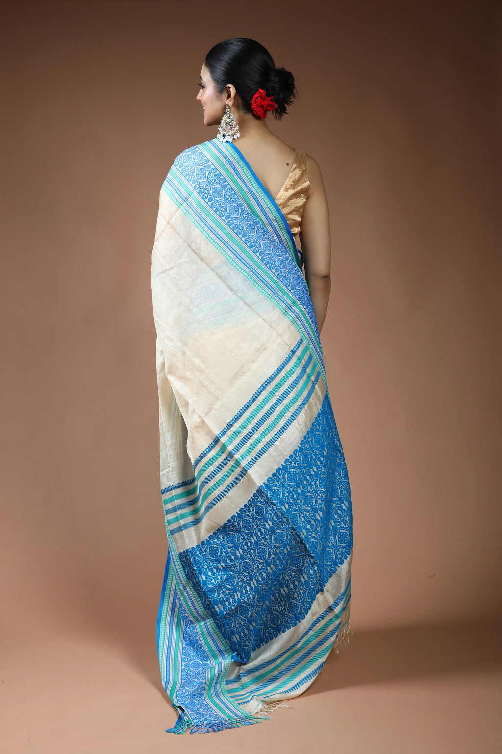 Beige and Blue Tussar Saree with Blouse Piece