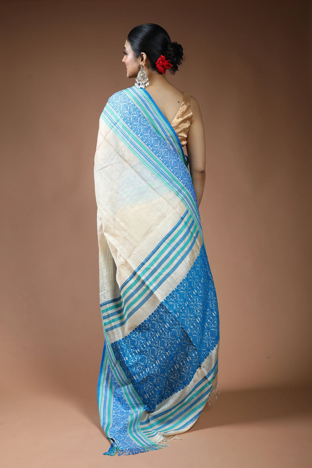 Beige and Blue Tussar Saree with Blouse Piece