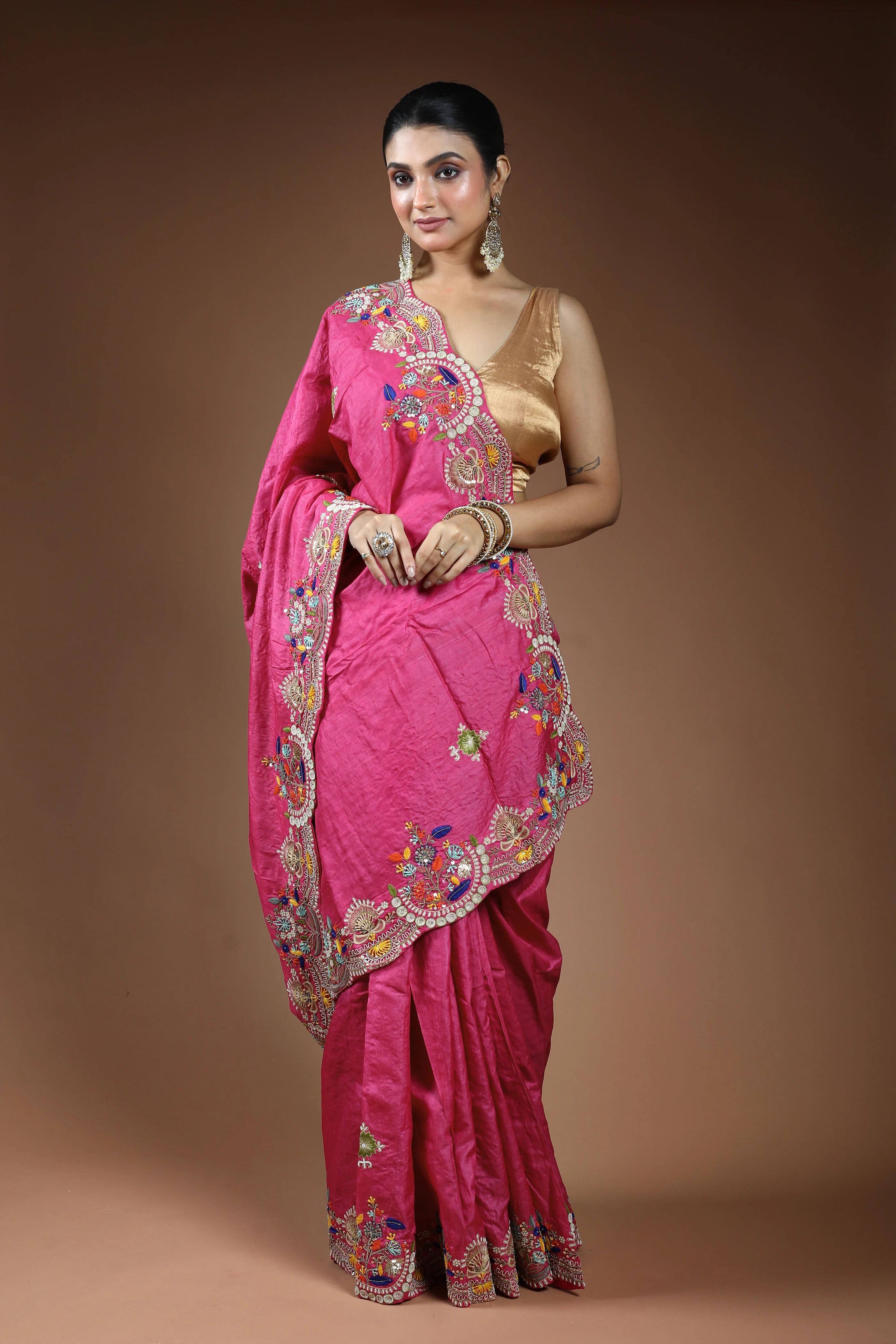 Light Rani Tussar Saree with Blouse Piece