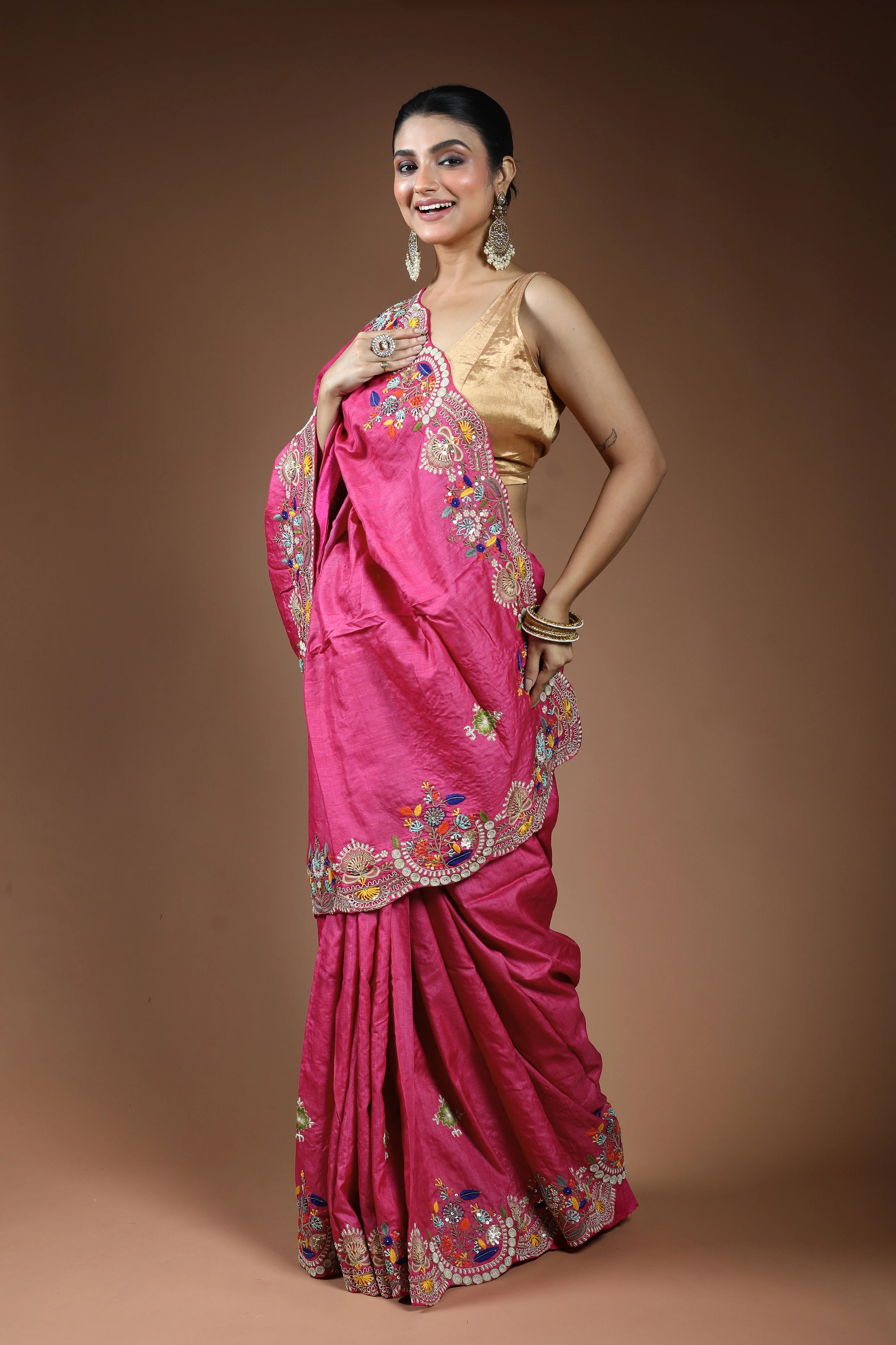 Light Rani Tussar Saree with Blouse Piece