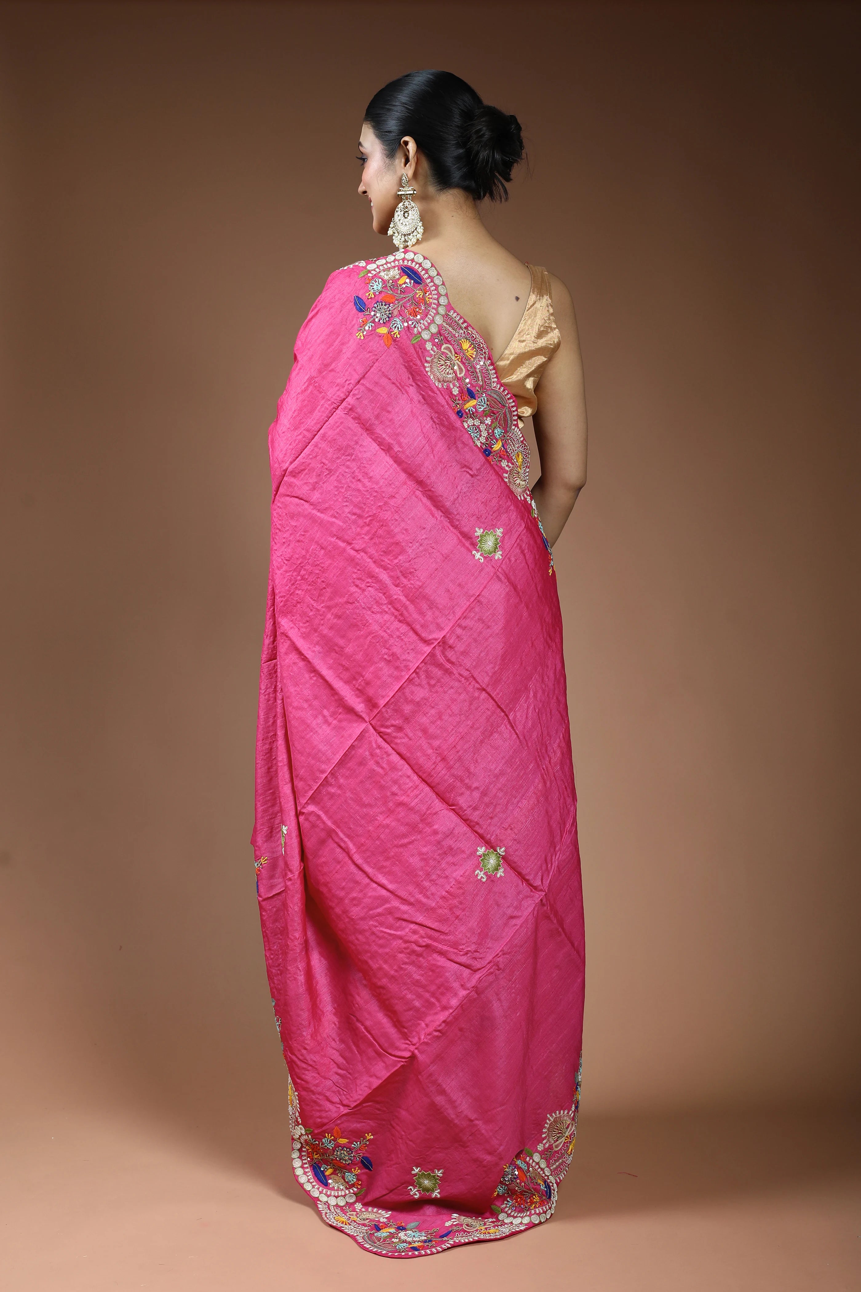 Light Rani Tussar Saree with Blouse Piece