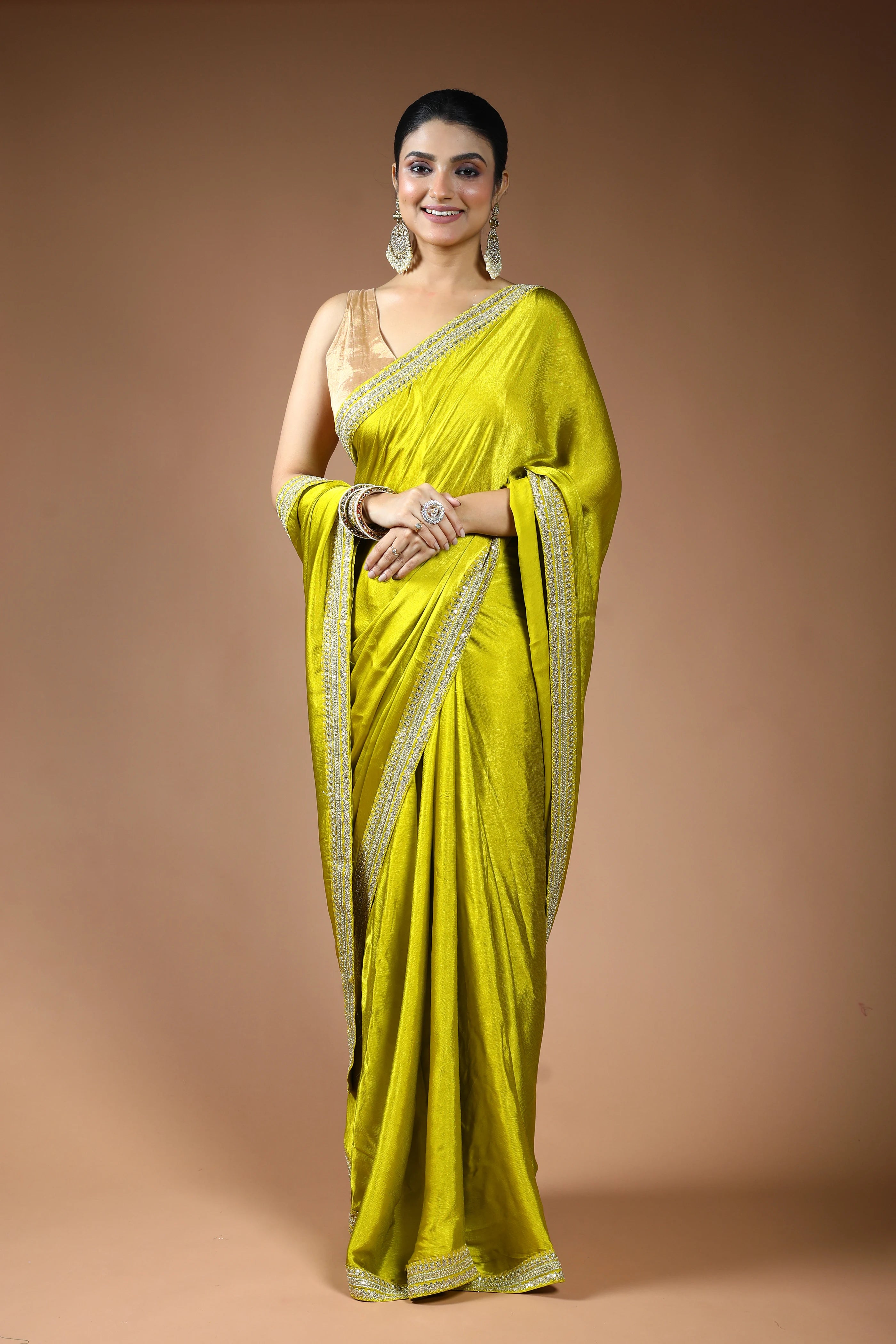 Olive Green Satin Saree with Blouse Piece