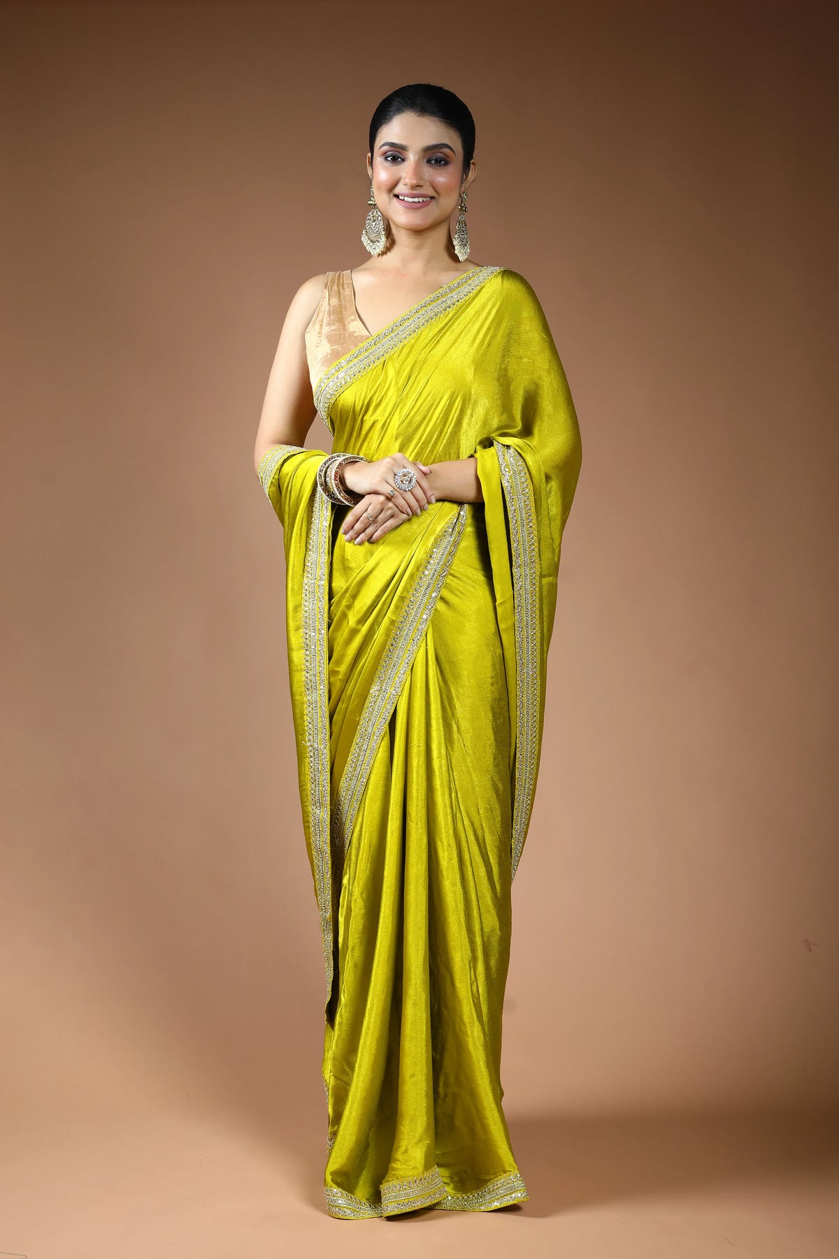 Olive Green Satin Saree with Blouse Piece
