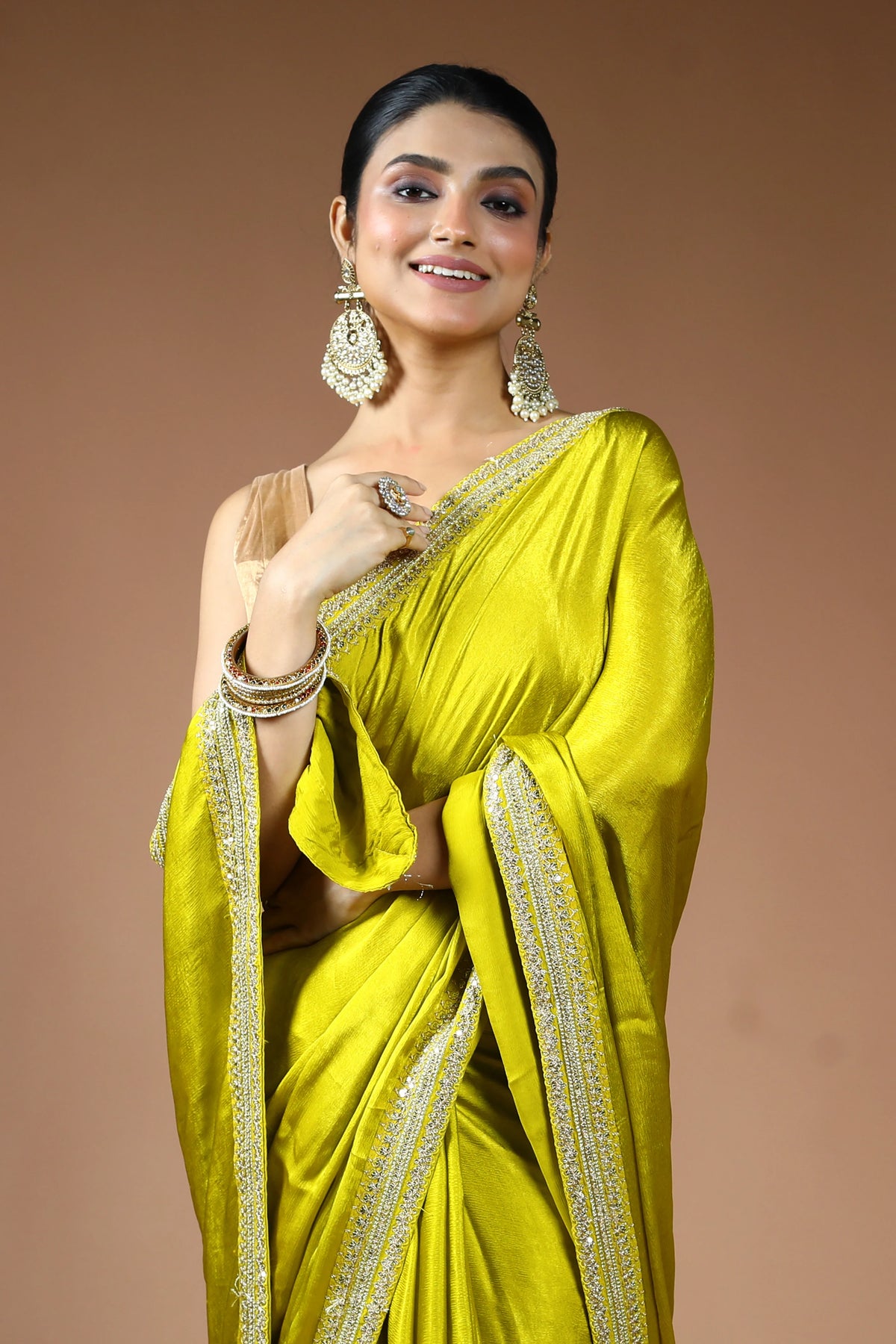 Olive Green Satin Saree with Blouse Piece