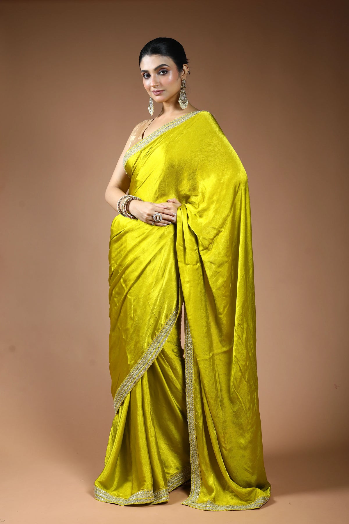 Olive Green Satin Saree with Blouse Piece