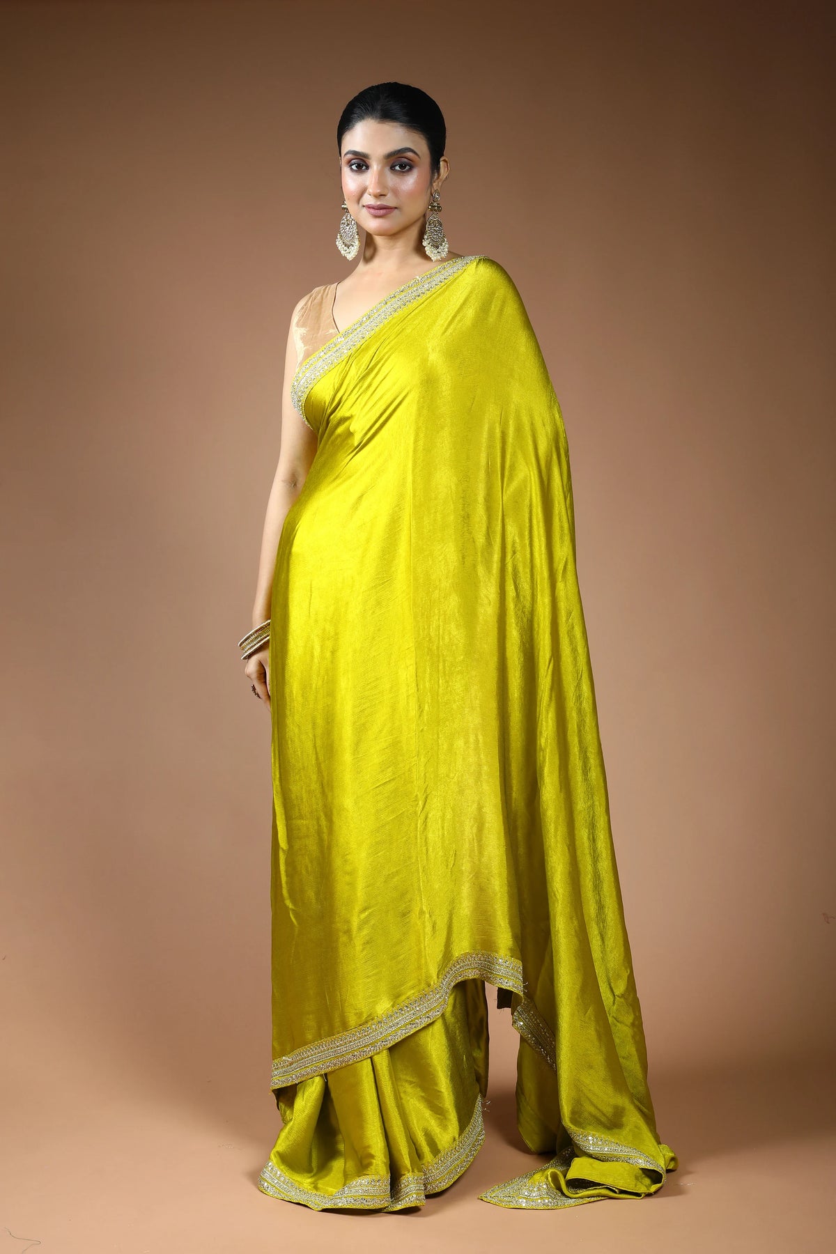 Olive Green Satin Saree with Blouse Piece