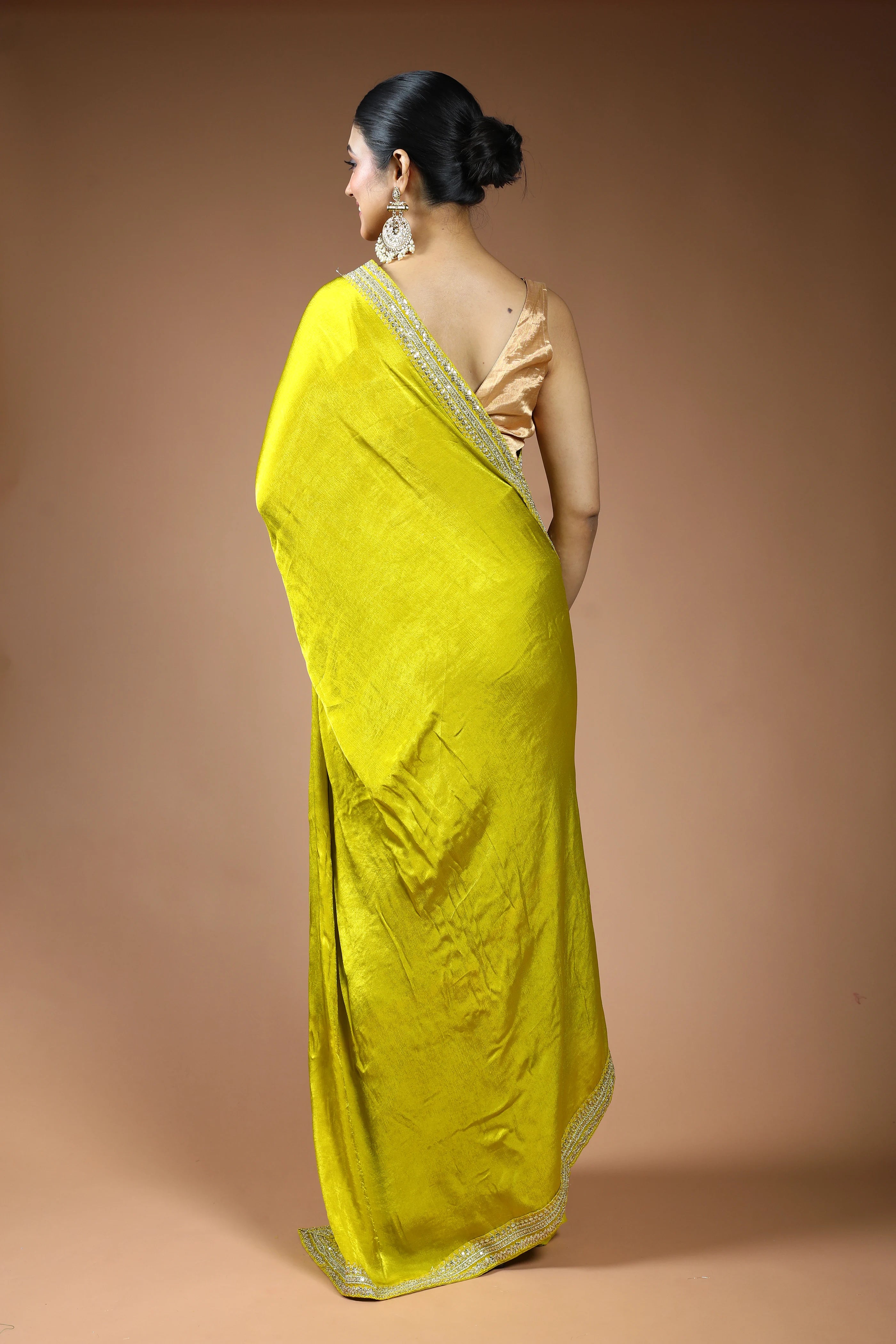 Olive Green Satin Saree with Blouse Piece