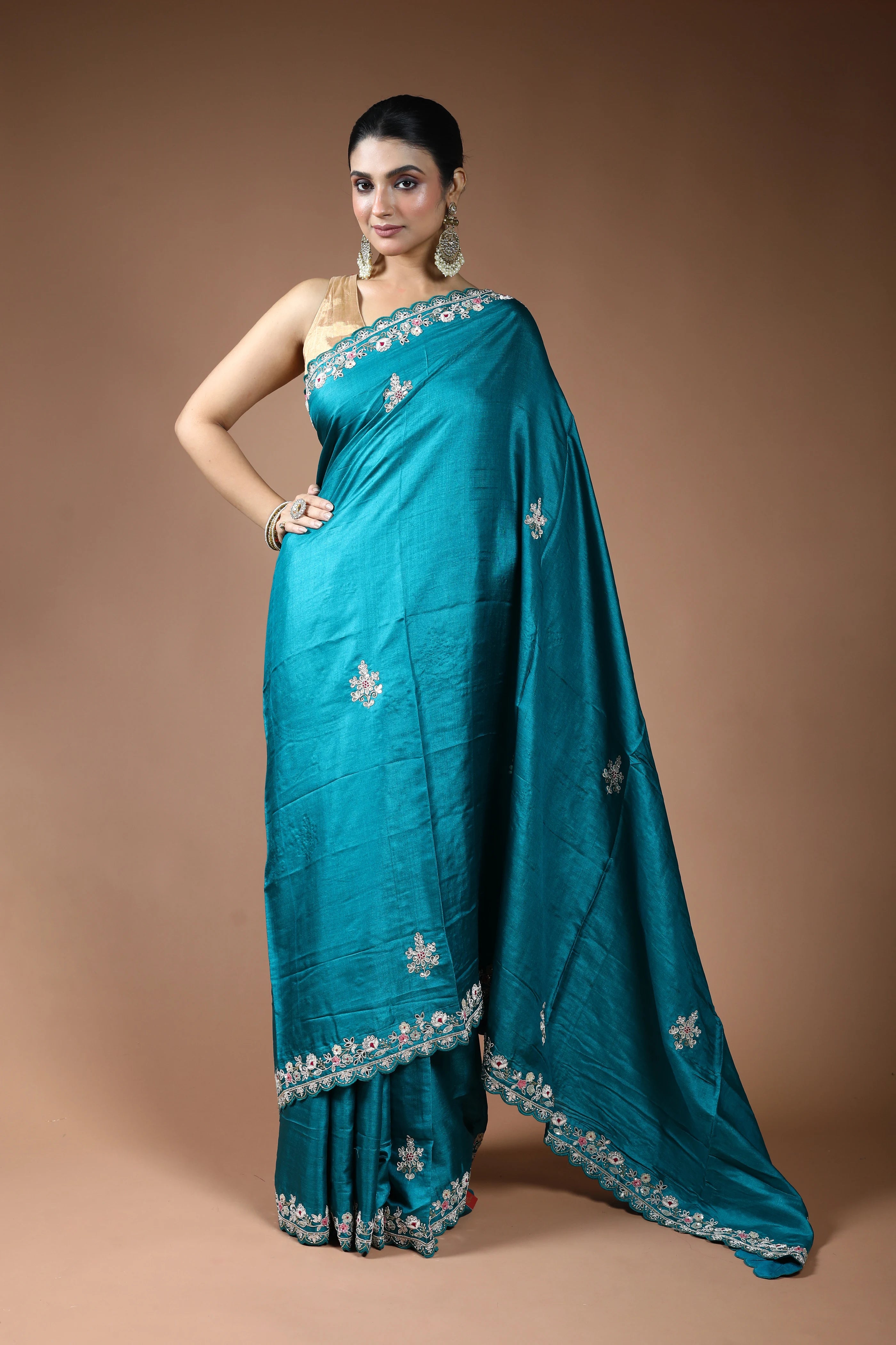 Peacock Blue Tussar Saree with Blouse Piece