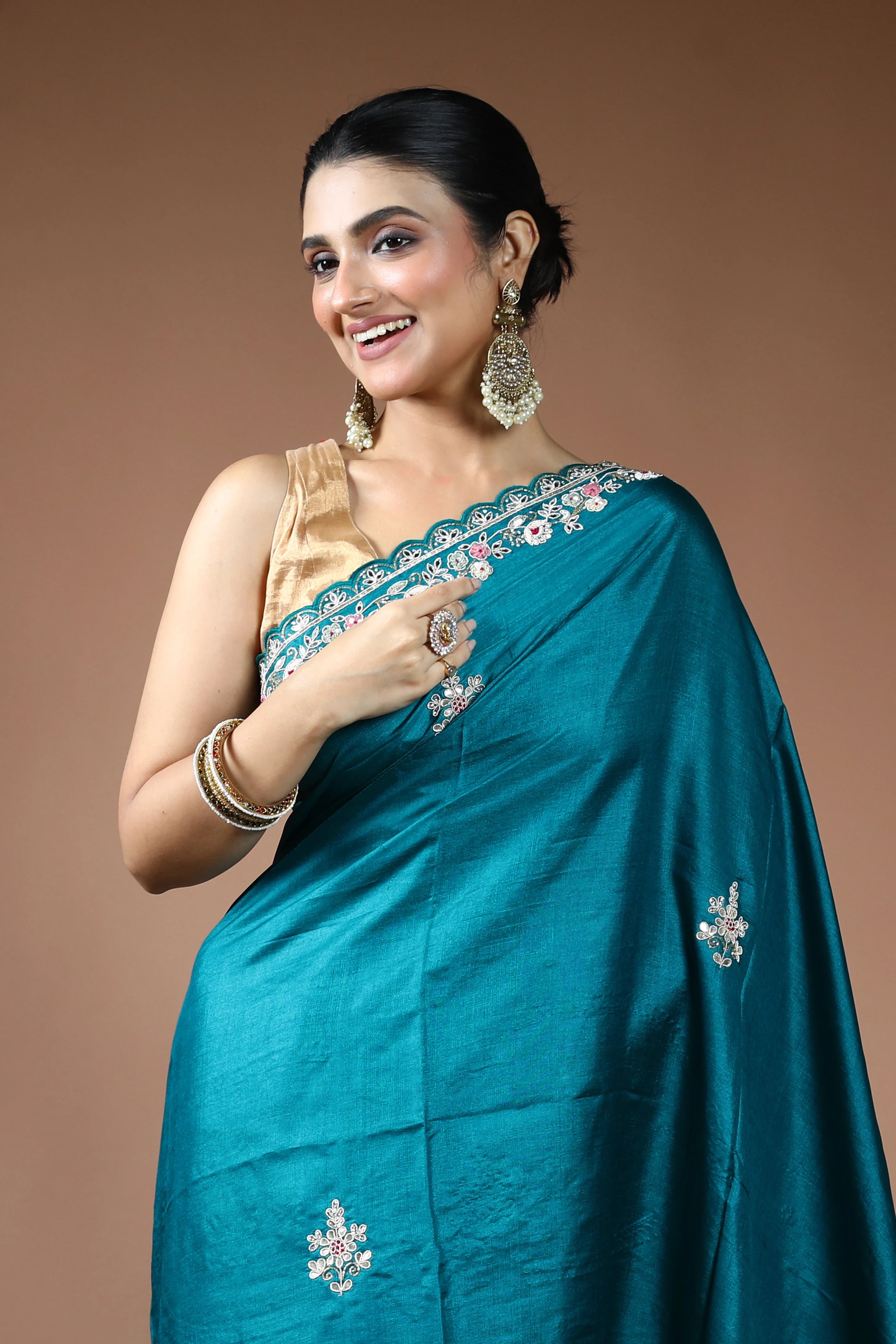 Peacock Blue Tussar Saree with Blouse Piece