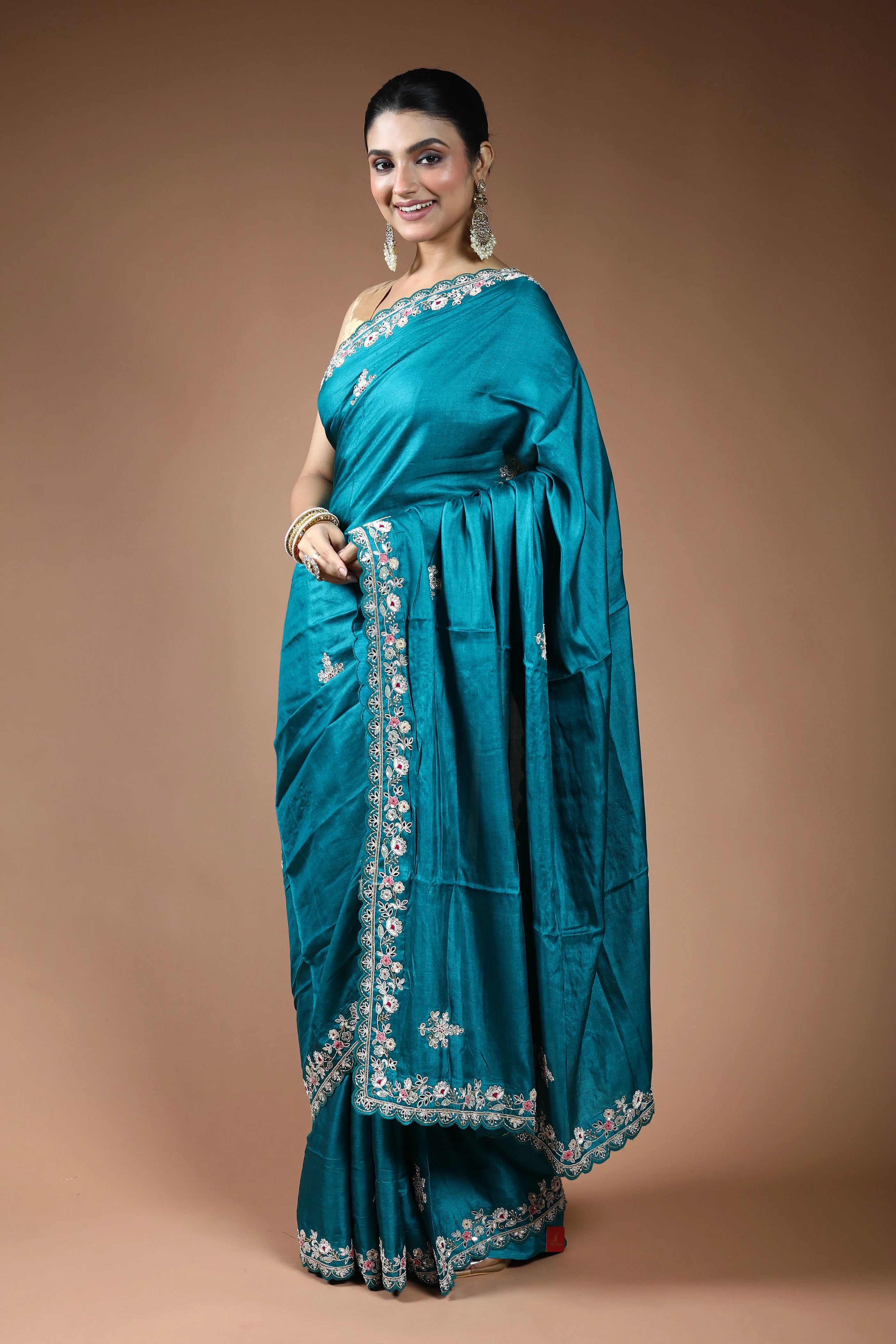 Peacock Blue Tussar Saree with Blouse Piece