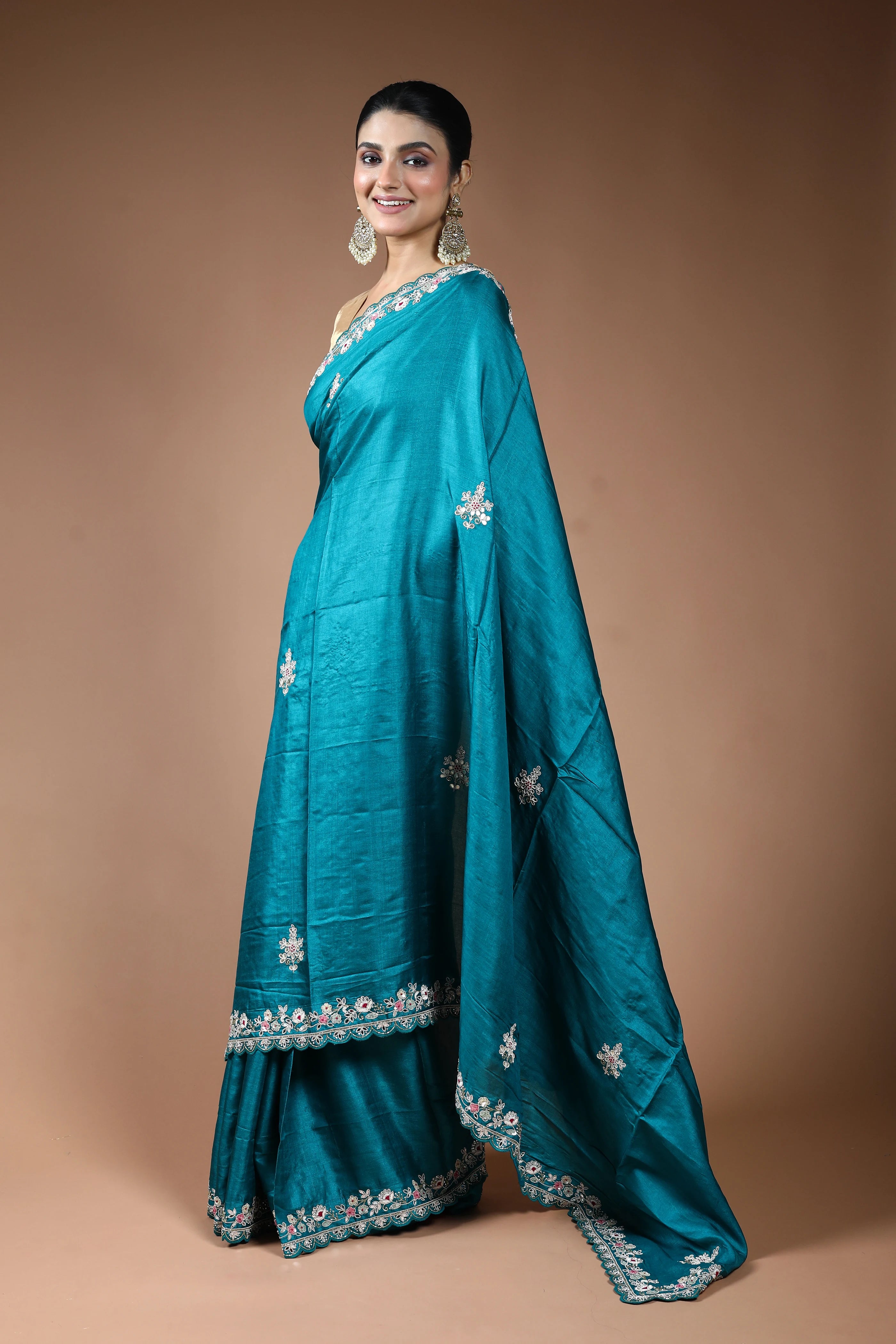 Peacock Blue Tussar Saree with Blouse Piece