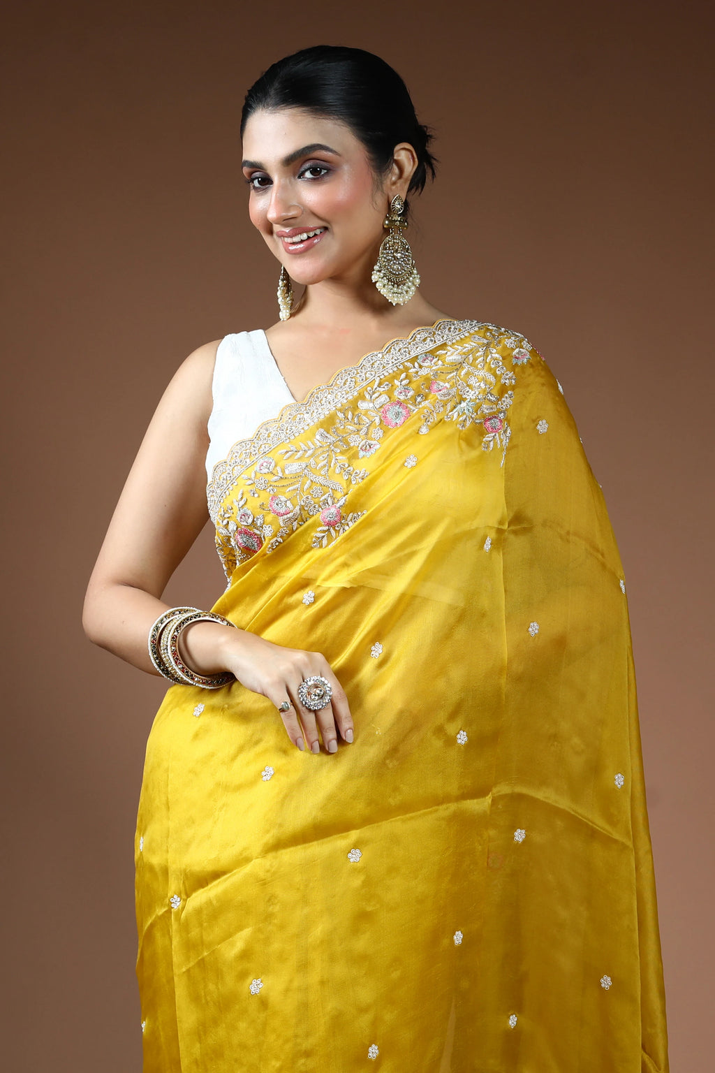 Yellow Pure Organza Saree with Blouse Piece