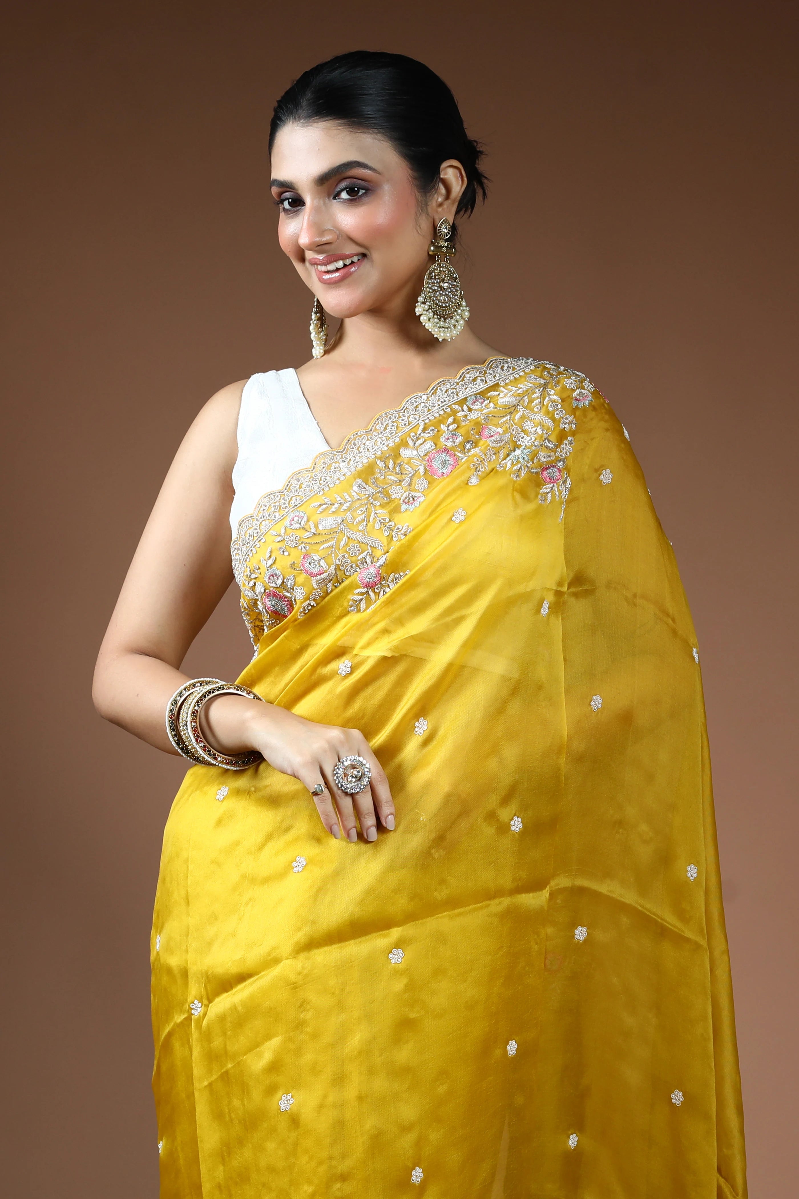 Yellow Pure Organza Saree with Blouse Piece
