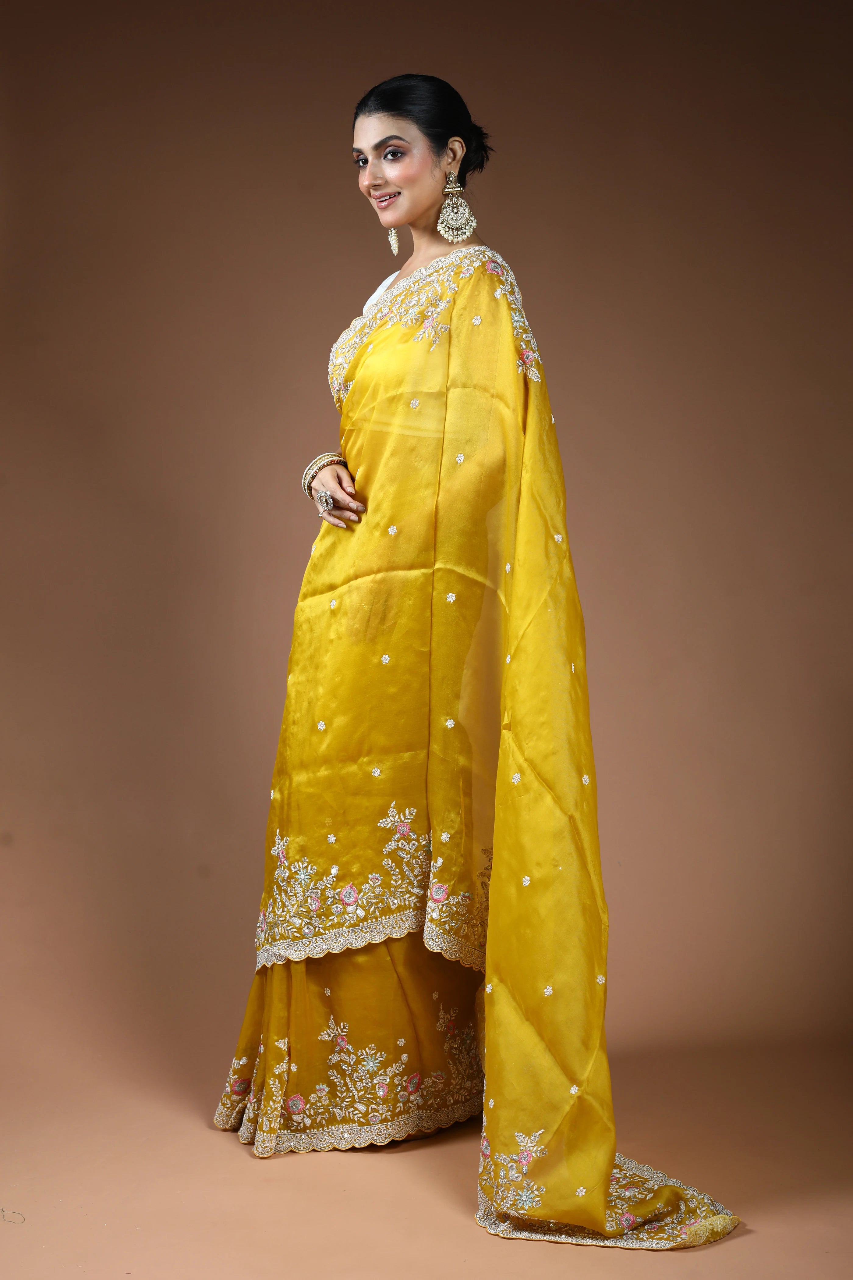 Yellow Pure Organza Saree with Blouse Piece
