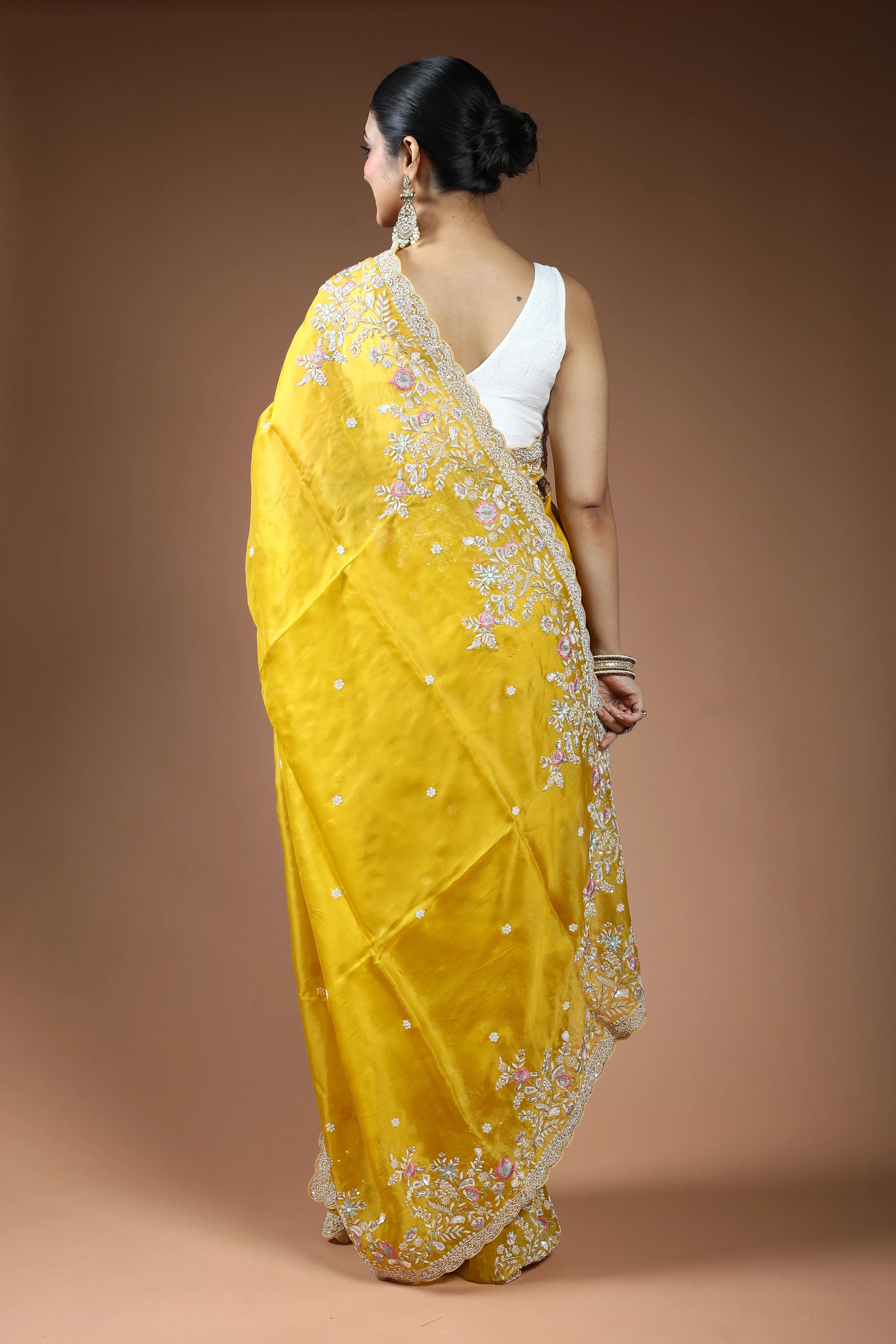 Yellow Pure Organza Saree with Blouse Piece