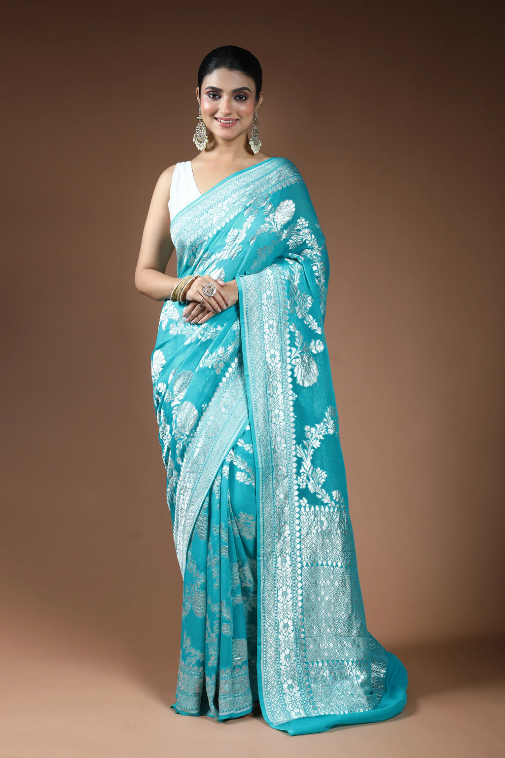 Sea Green Georgette Banarasi Saree with Blouse Piece