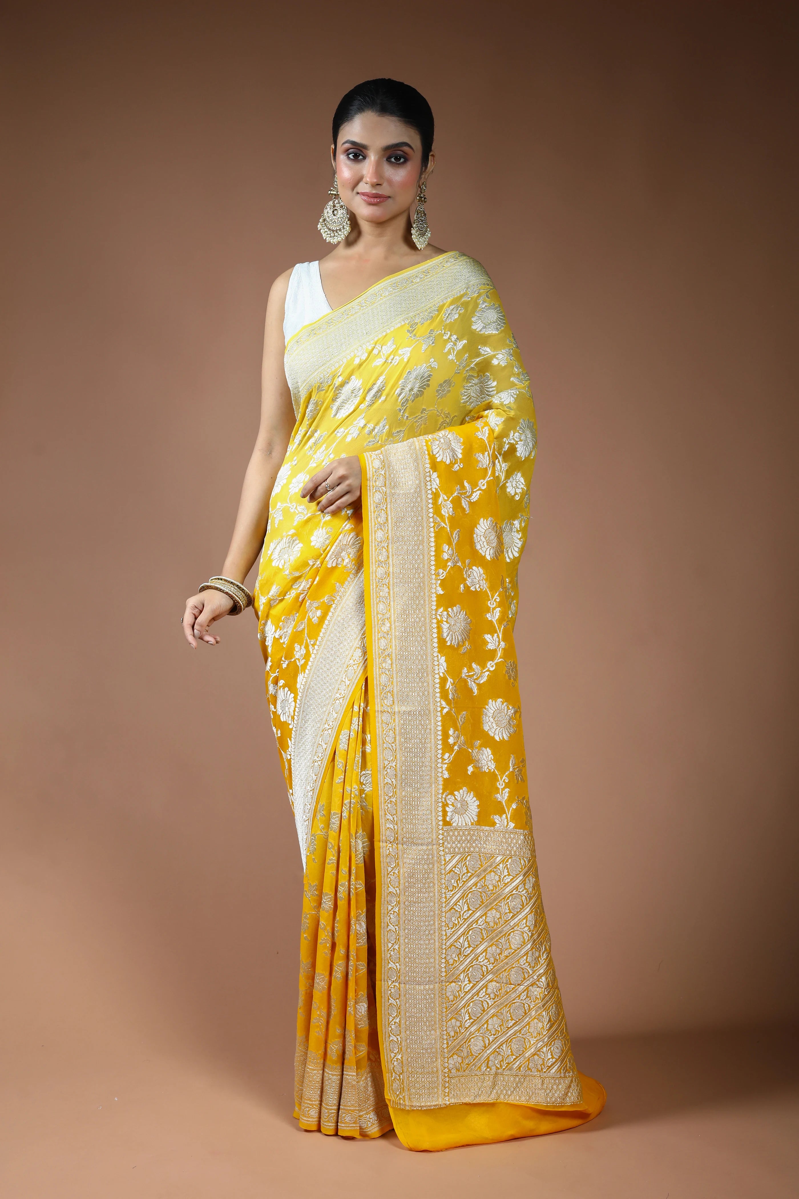 Yellow Georgette Banarasi Saree with Blouse Piece