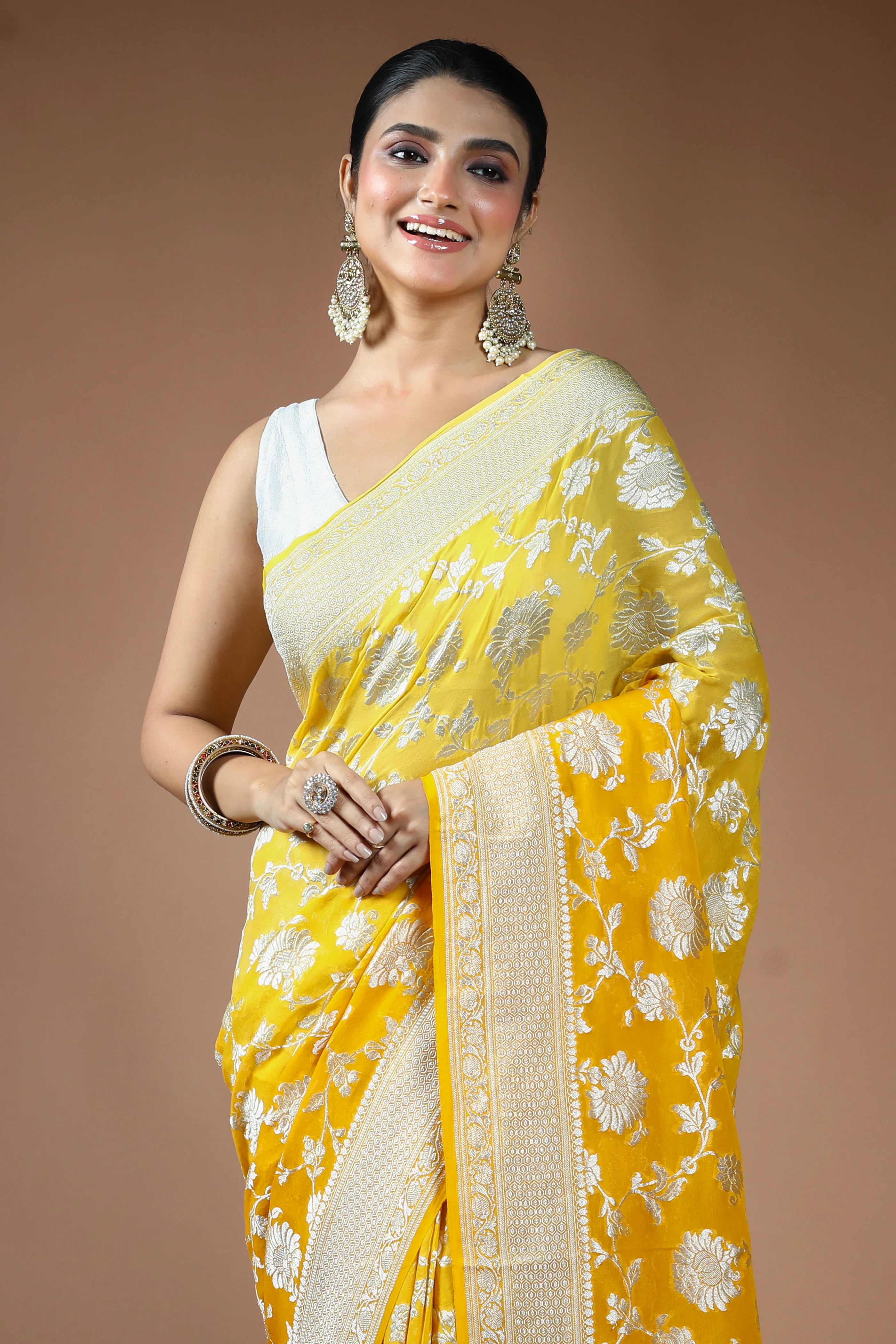 Yellow Georgette Banarasi Saree with Blouse Piece