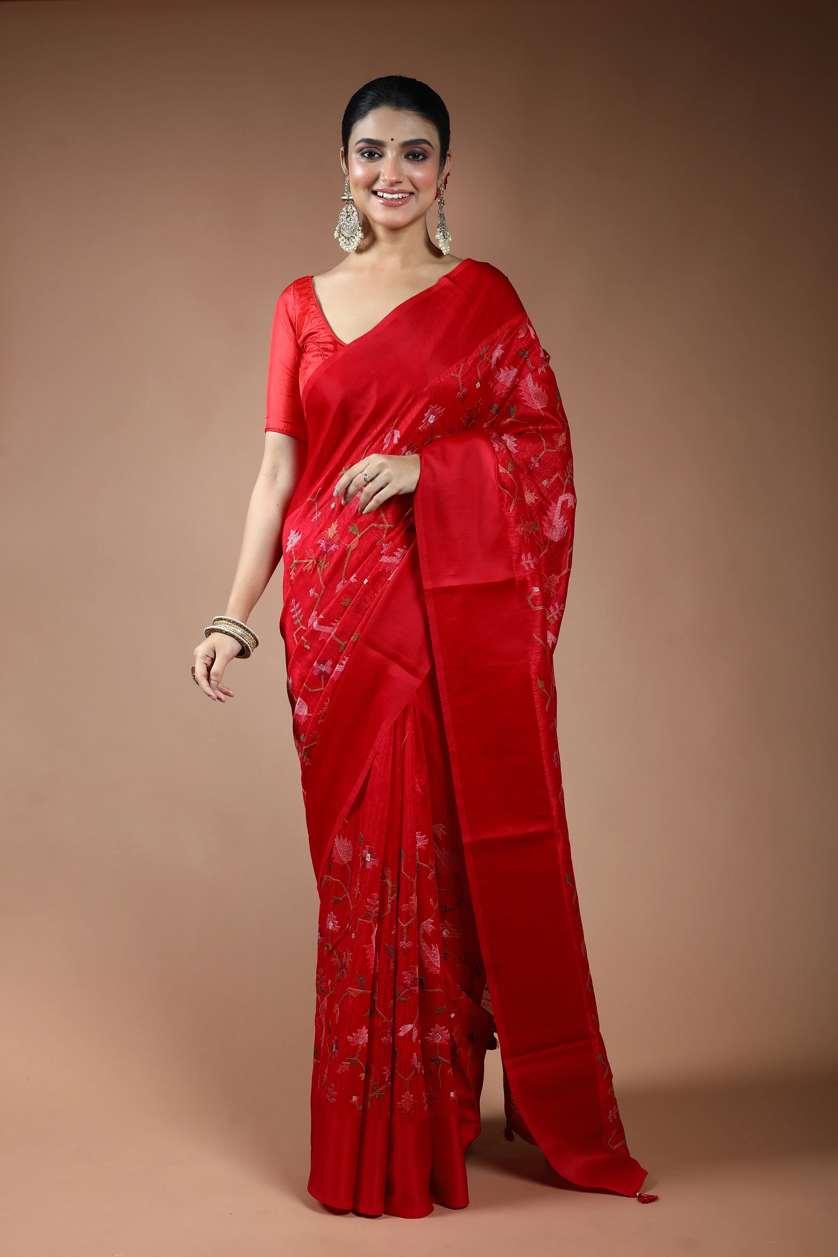 Red Blended Raw Silk Saree with Blouse Piece