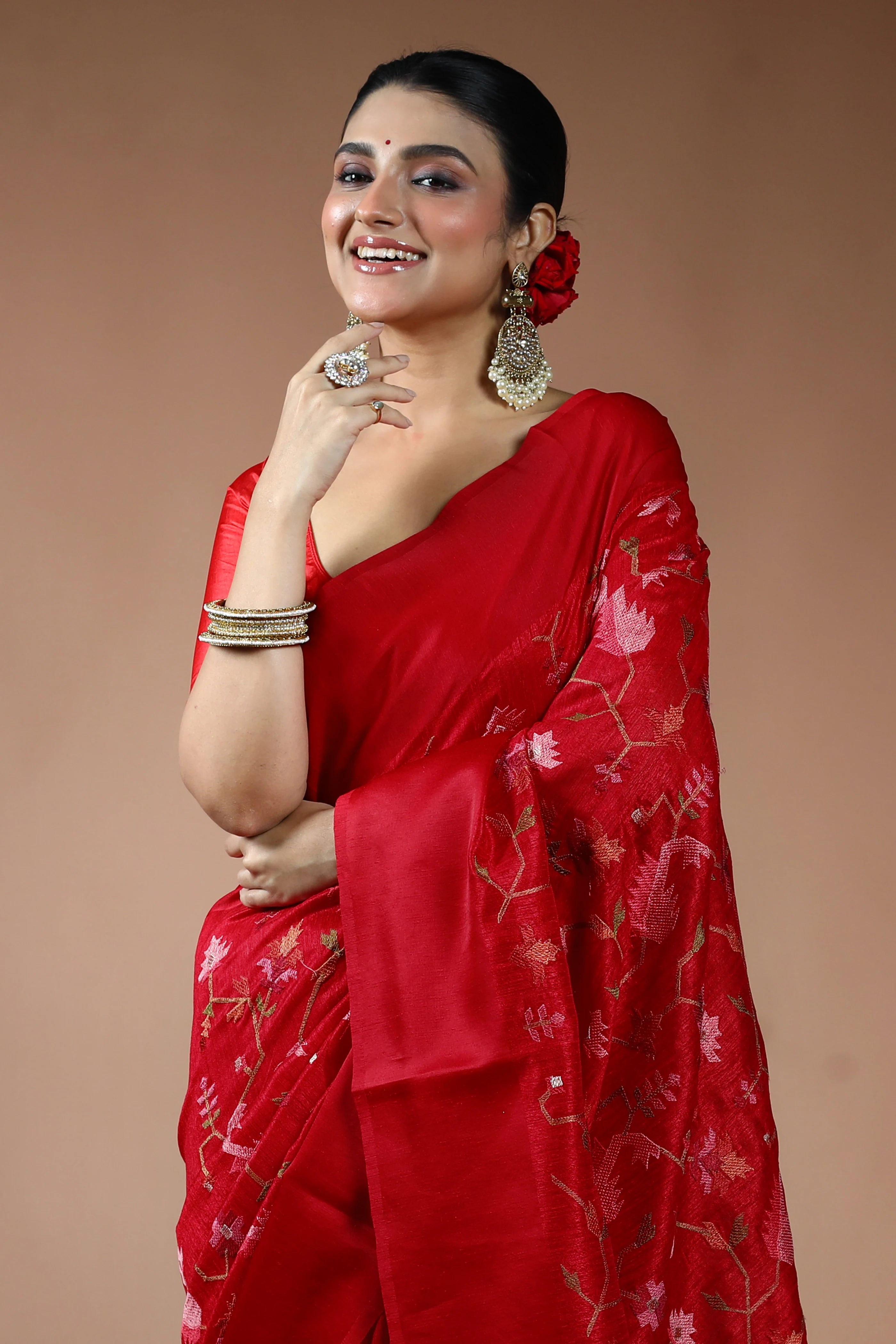 Red Blended Raw Silk Saree with Blouse Piece