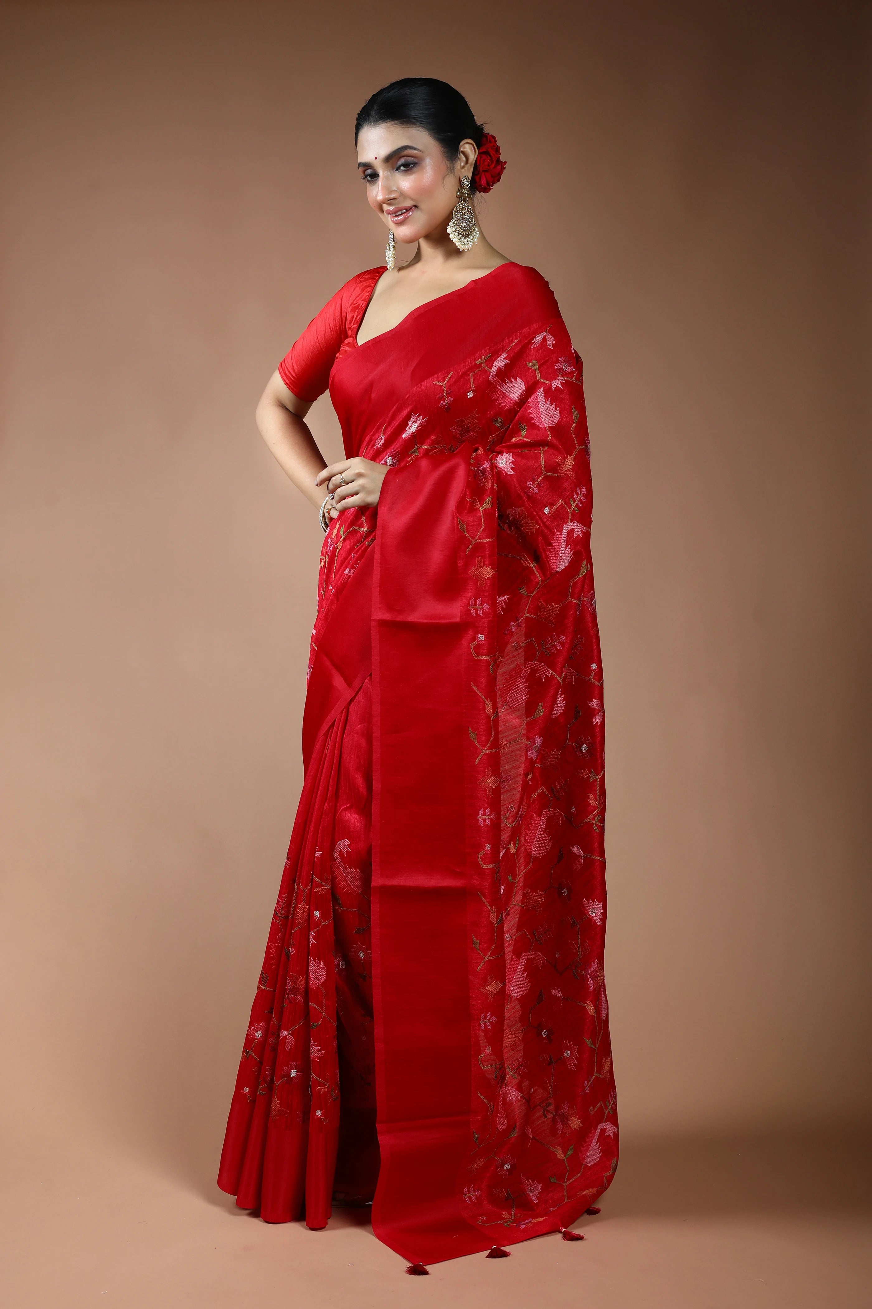Red Blended Raw Silk Saree with Blouse Piece