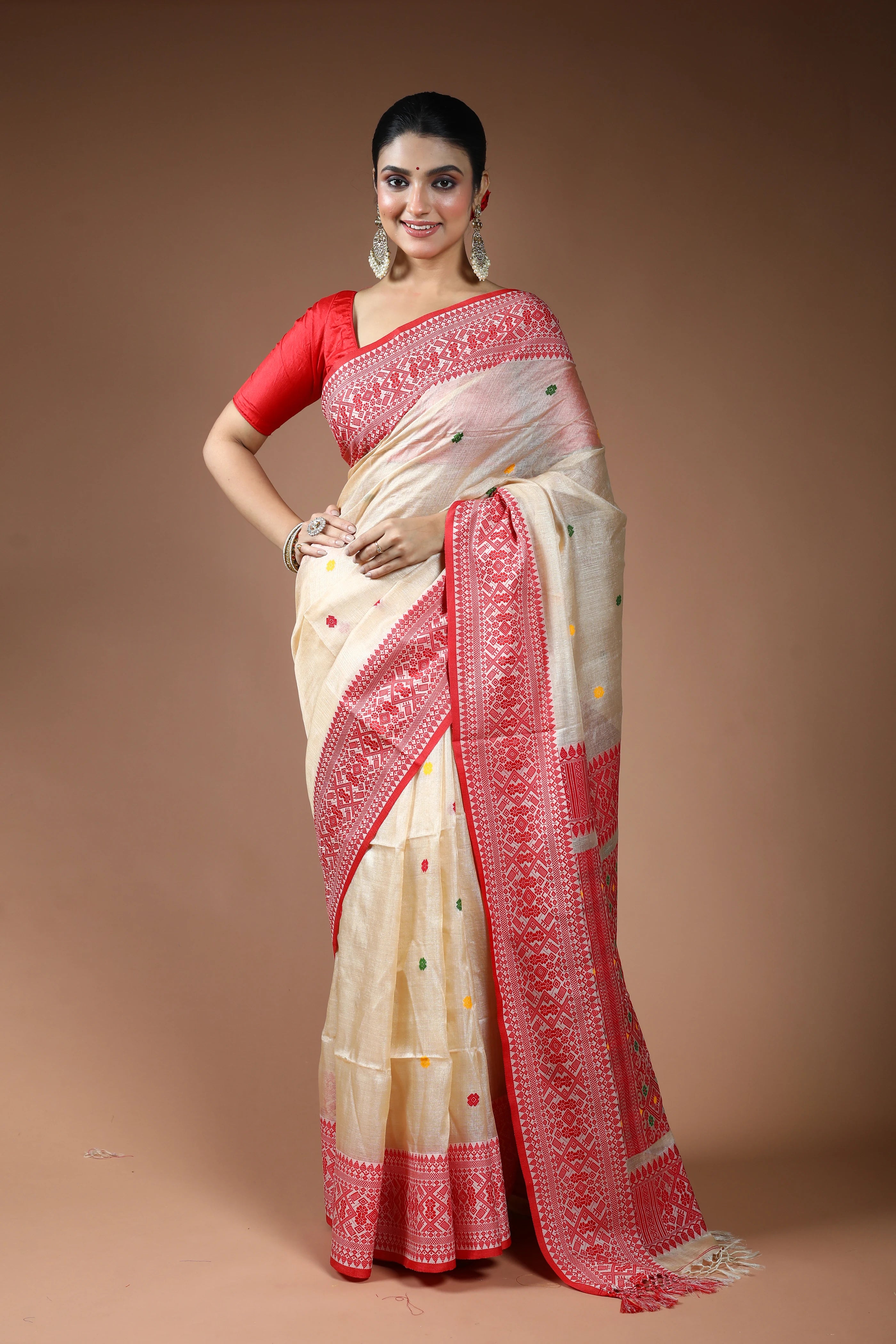 Beige and Red Tussar Saree with Blouse Piece